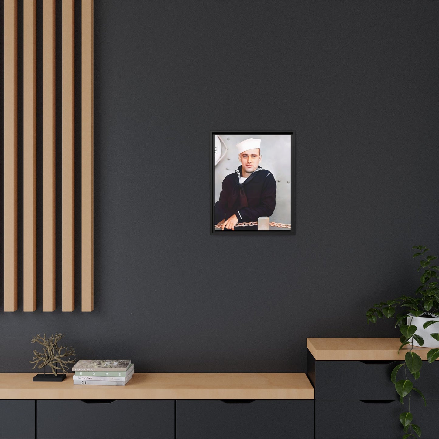 A restored vintage portrait of Francis aboard the USS Might. This framed matte canvas captures naval history, service, and timeless duty.