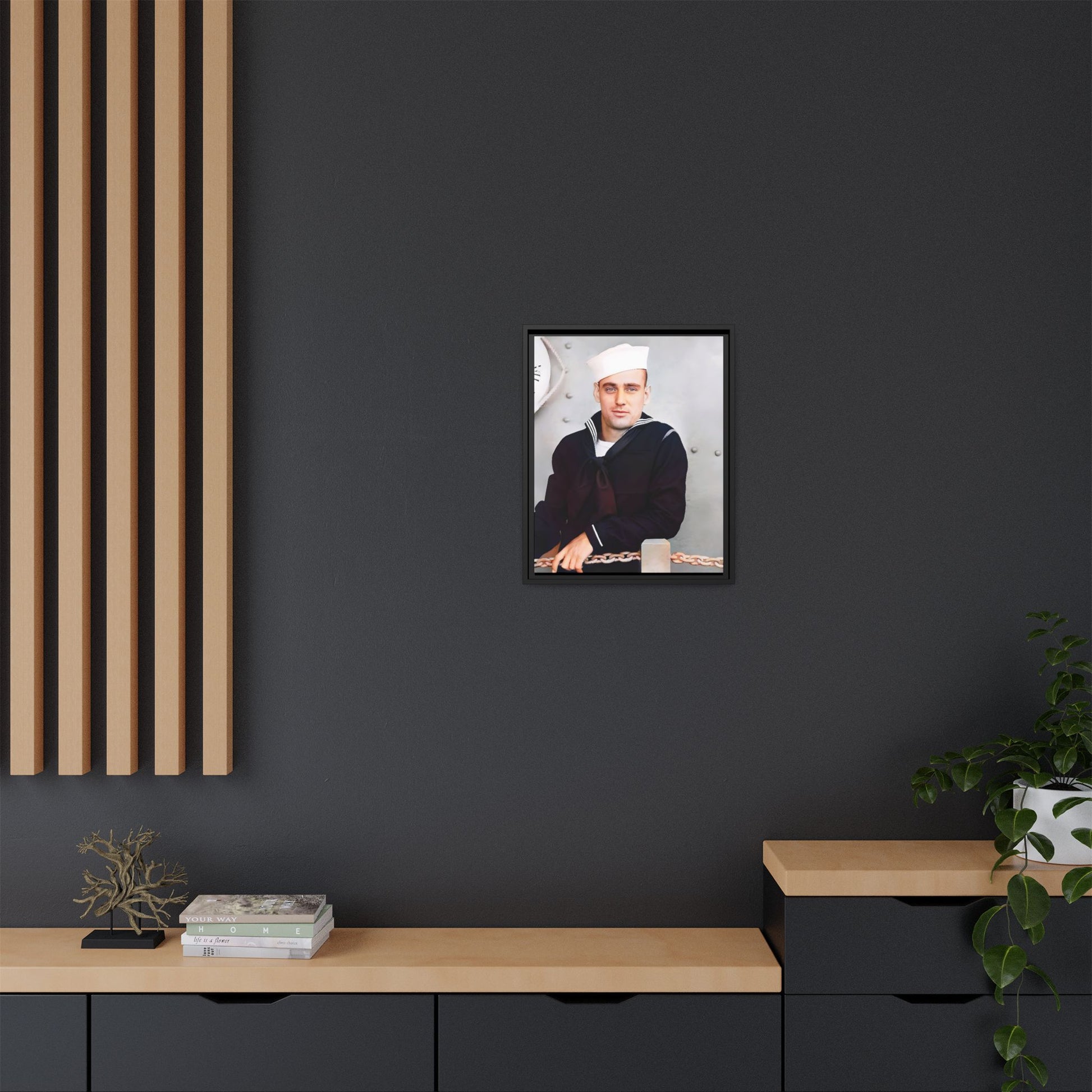 A restored vintage portrait of Francis aboard the USS Might. This framed matte canvas captures naval history, service, and timeless duty.