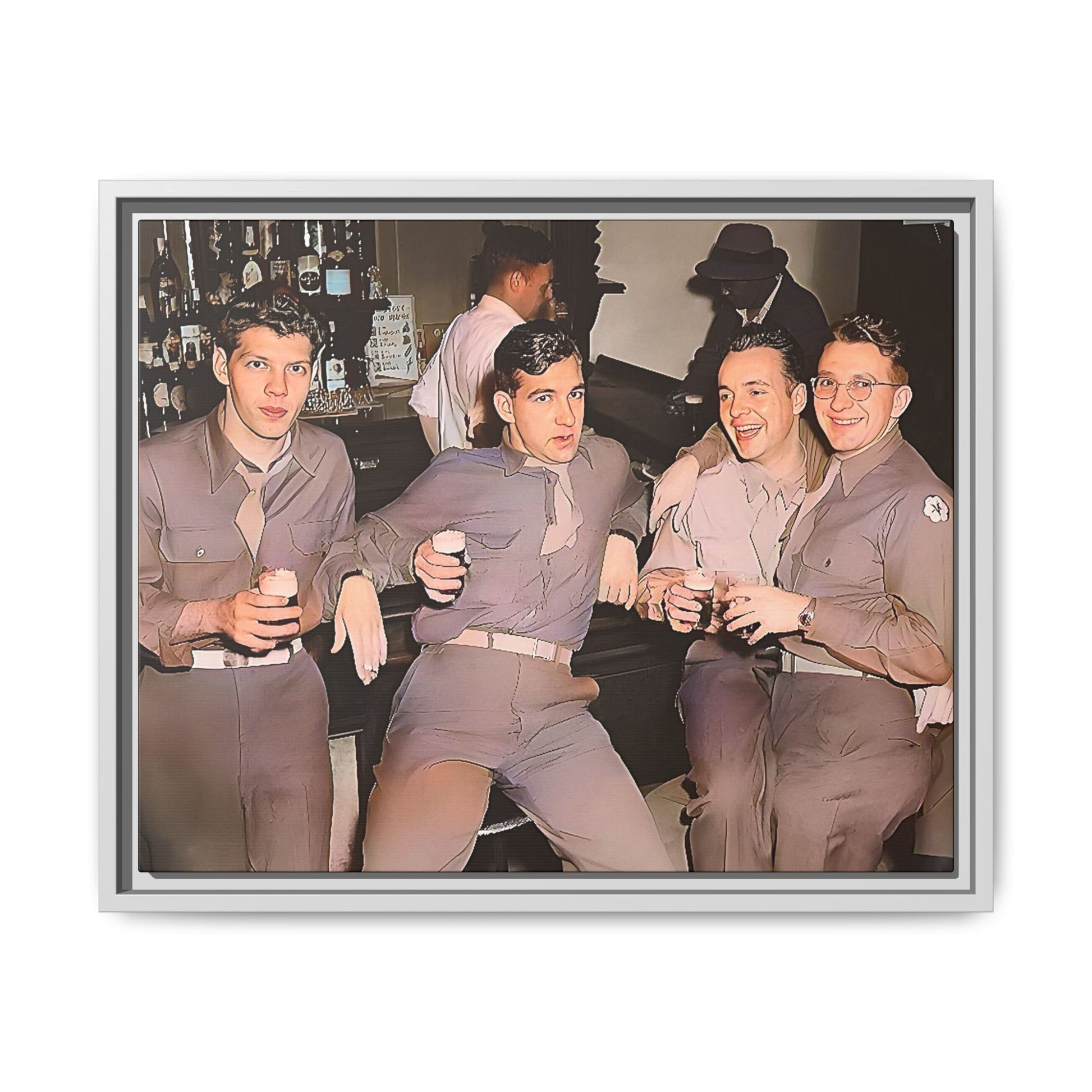 Restored vintage photograph of soldiers in uniform gathered at Jackson's gay bar in mid-20th century San Francisco. Framed matte canvas print celebrating camaraderie, resilience, and LGBTQ+ history