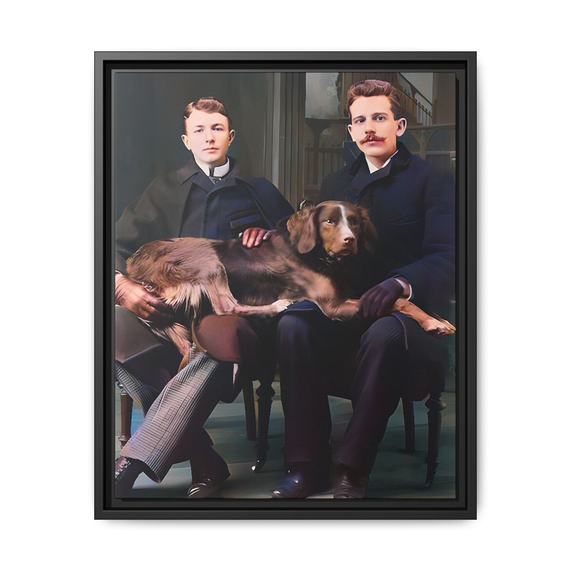 A beautifully restored 1930s black-and-white photograph featuring Clarence and Raymond seated in a stately New England home, with their beloved dog Luna resting comfortably across their laps. Dressed in refined coats and classic trousers, the couple exudes love, companionship, and timeless elegance, reflecting a warm and historic moment of LGBTQ+ history. Gay Couple