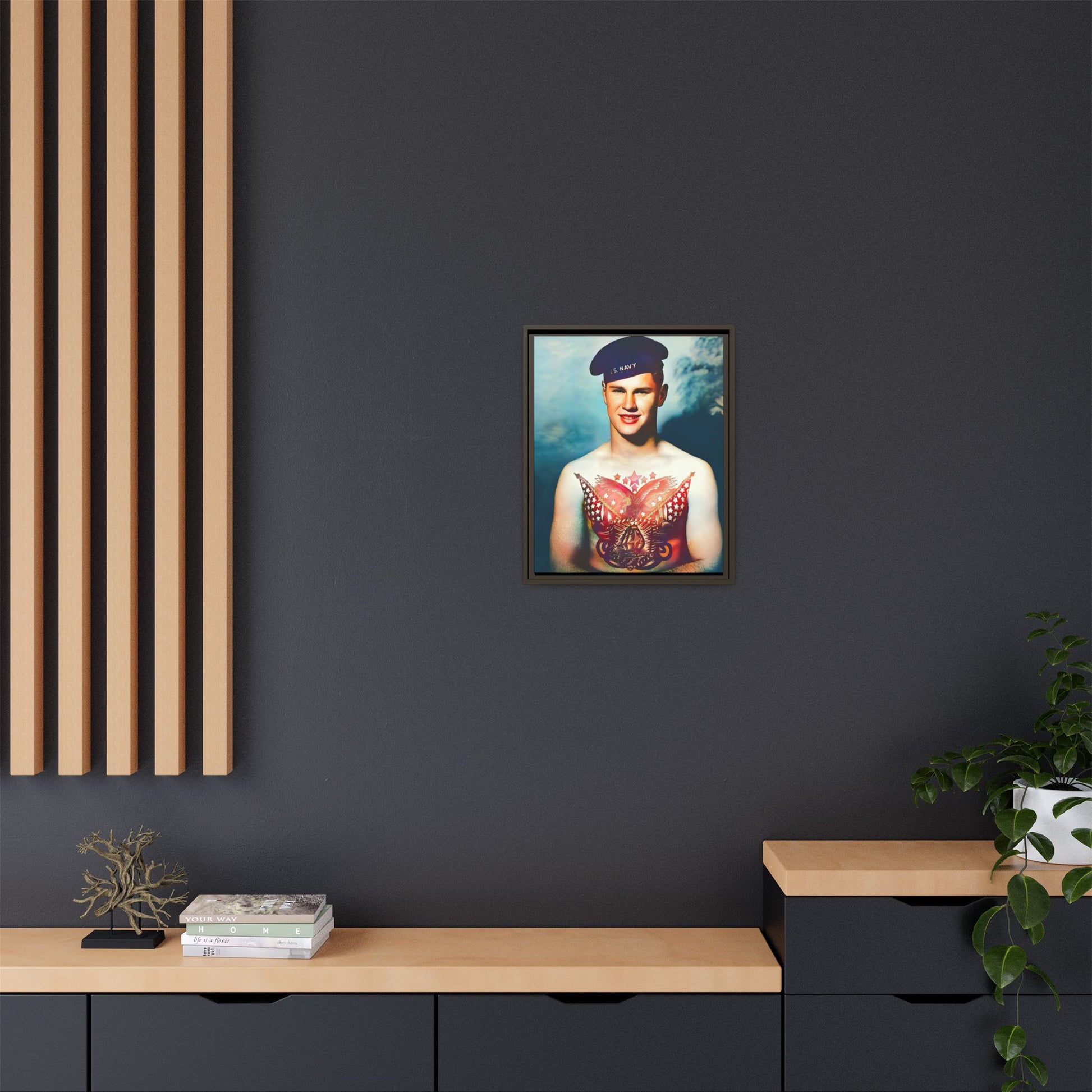 A striking vintage portrait of Charlie, a proud U.S. Navy sailor at Norfolk Navy Yard, showcasing a patriotic tattoo. This framed matte canvas print celebrates military history, individuality, and LGBTQ+ representation—perfect for collectors and history enthusiasts.