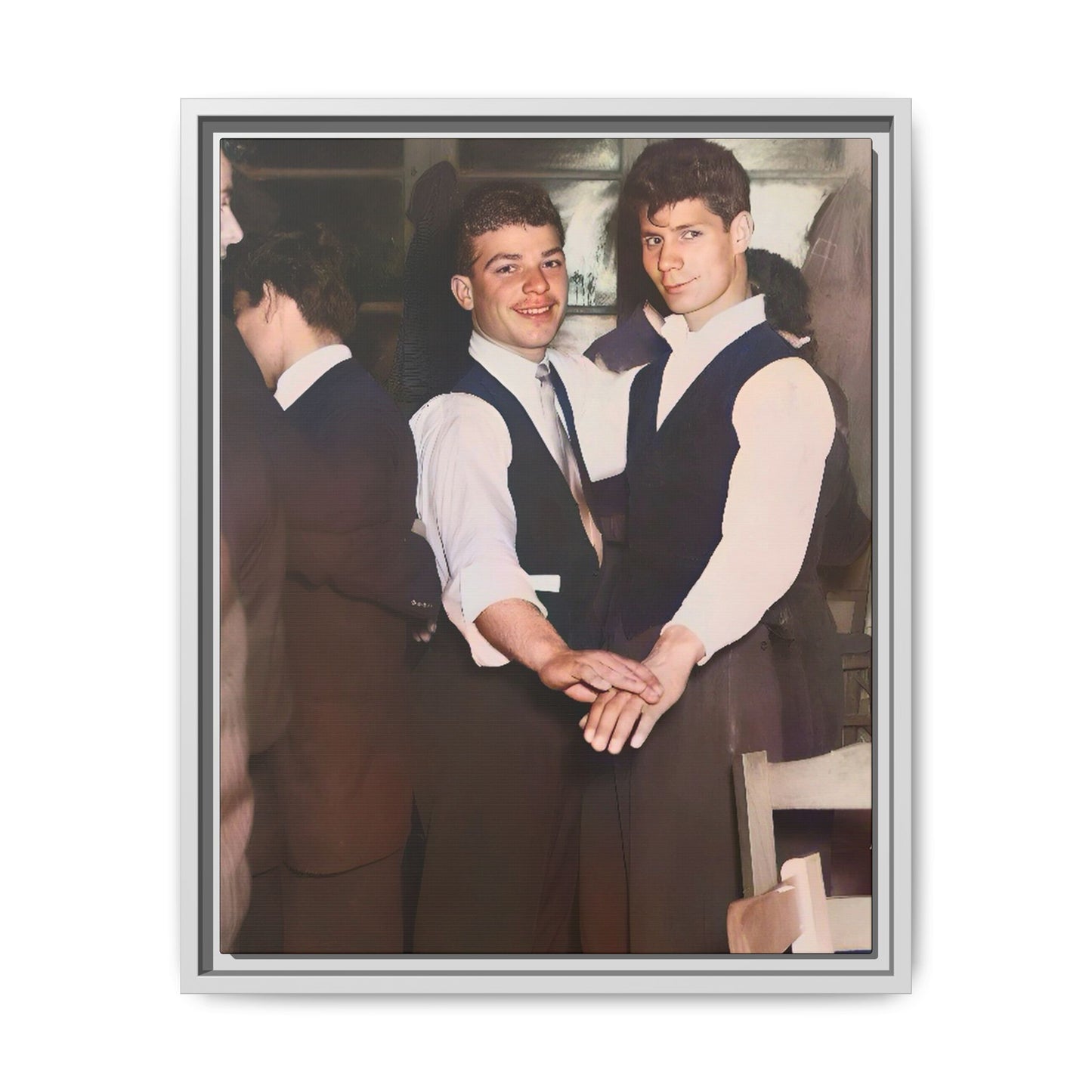 Restored and colorized mid-20th century photo of Clarence and Francis dancing, celebrating LGBTQ+ love and resilience, framed as a matte canvas wall décor piece. Gay Couple