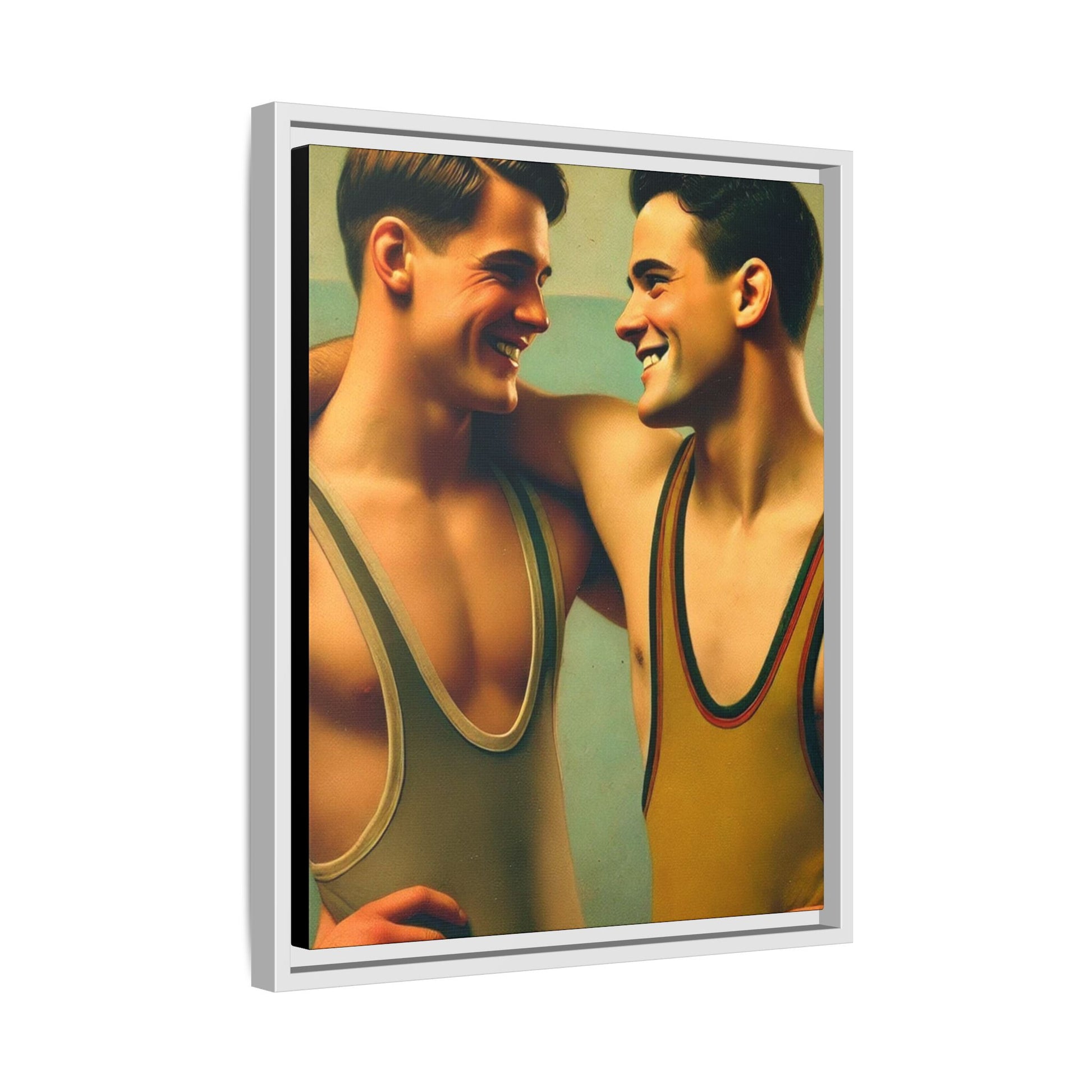 Framed artwork of two young wrestlers in vintage singlets sharing a candid moment, inspired by Grant Wood's Regionalist art style.