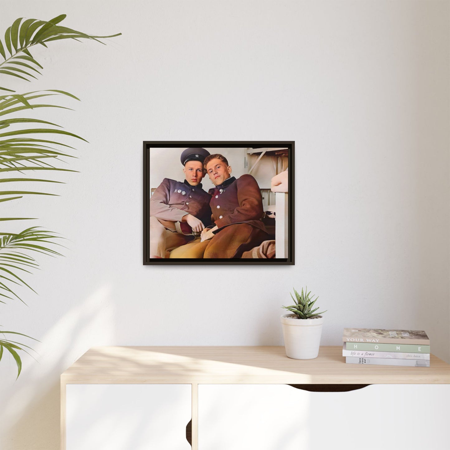A restored vintage photograph of two Russian soldiers in uniform, seated together in their quarters in Volgograd, Russia. Their relaxed postures and warm expressions capture a moment of camaraderie, resilience, and military history. A powerful tribute to LGBTQ+ representation in the armed forces. Gay Couple Винтажное фото  гей-пара
