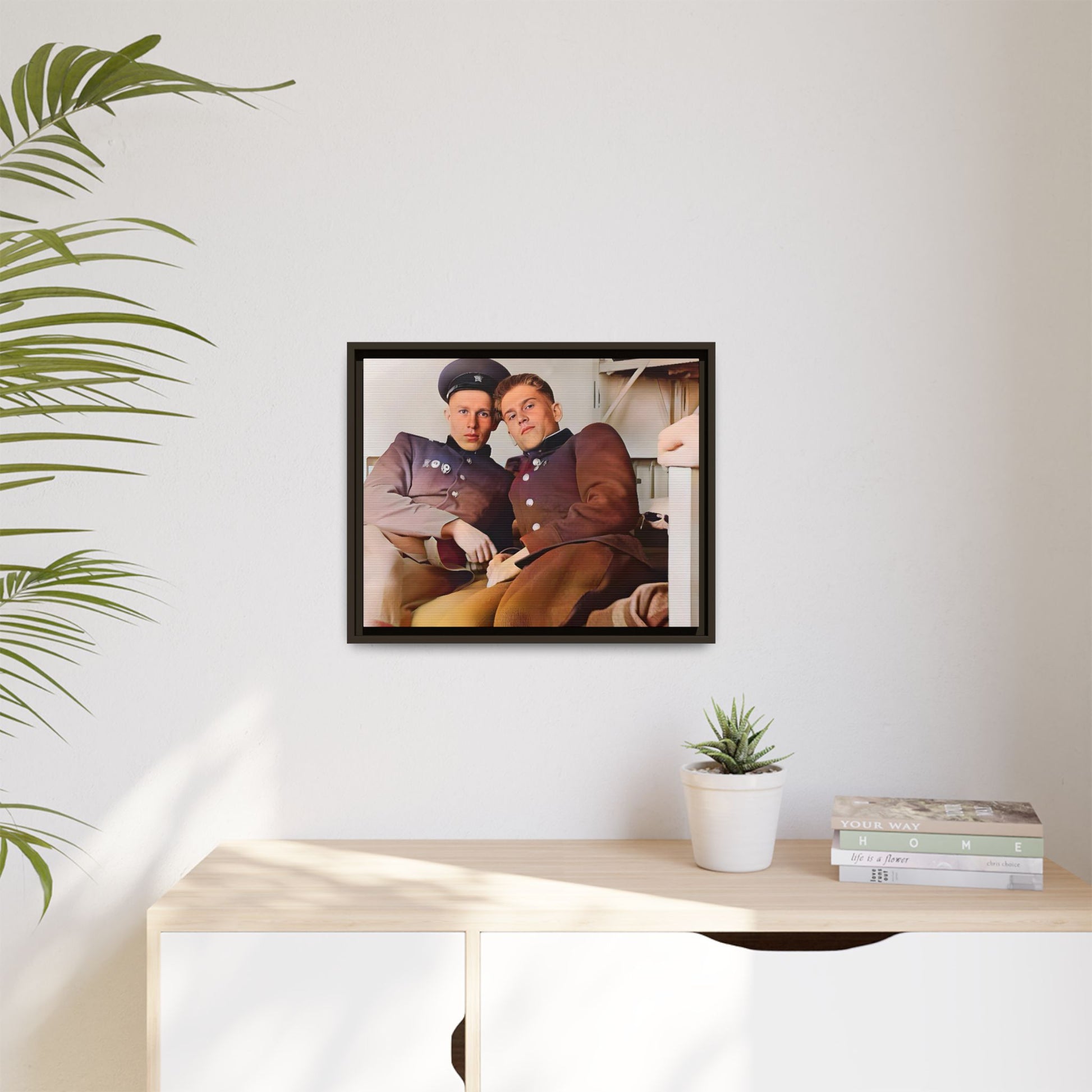 A restored vintage photograph of two Russian soldiers in uniform, seated together in their quarters in Volgograd, Russia. Their relaxed postures and warm expressions capture a moment of camaraderie, resilience, and military history. A powerful tribute to LGBTQ+ representation in the armed forces. Gay Couple Винтажное фото  гей-пара