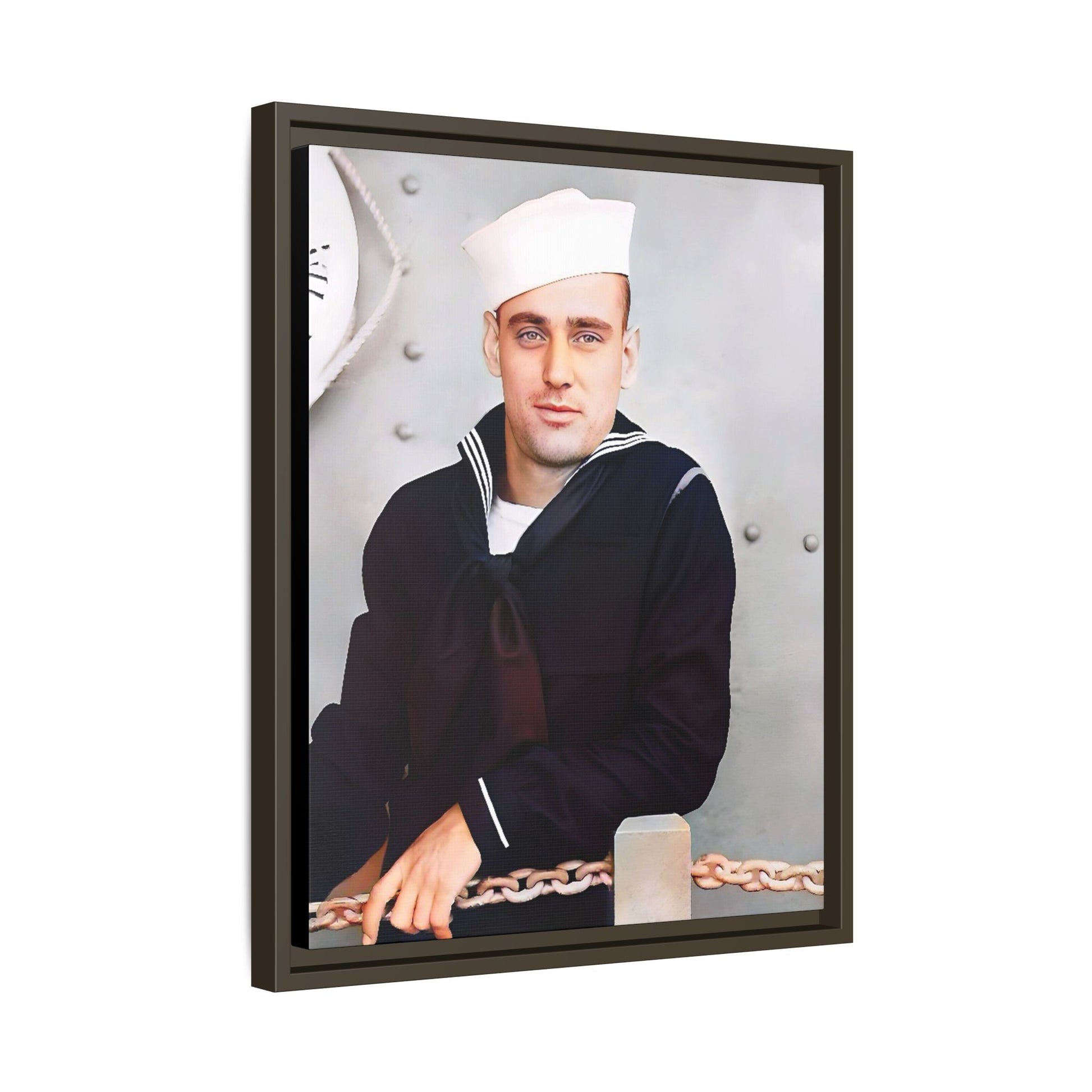 A restored vintage portrait of Francis aboard the USS Might. This framed matte canvas captures naval history, service, and timeless duty.