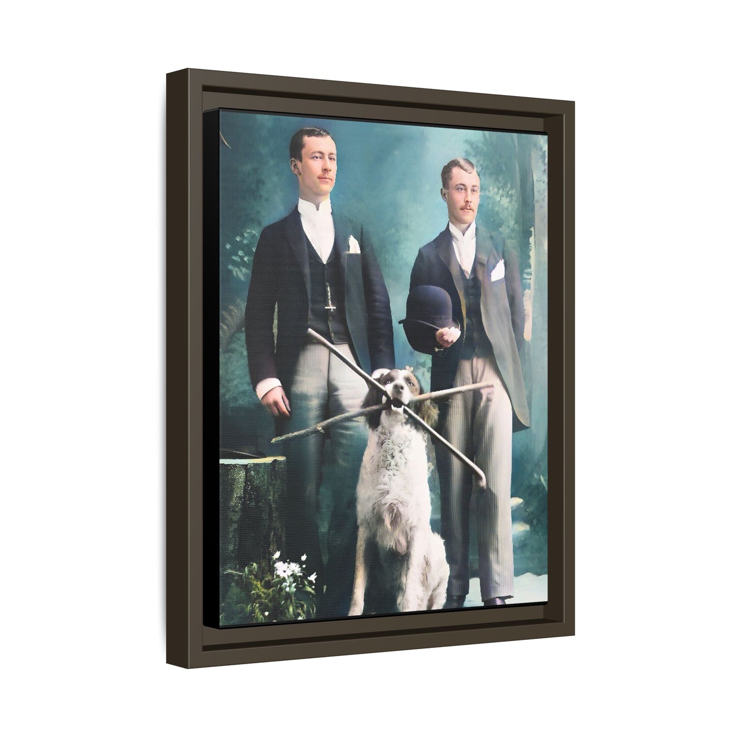 Restored vintage photograph of Patrick and Everett, an Edwardian gay couple with their loyal dog, taken in early 1900s Frankfort, Kentucky. Framed matte canvas print celebrating LGBTQ+ history, love, and companionship. Gay Couple