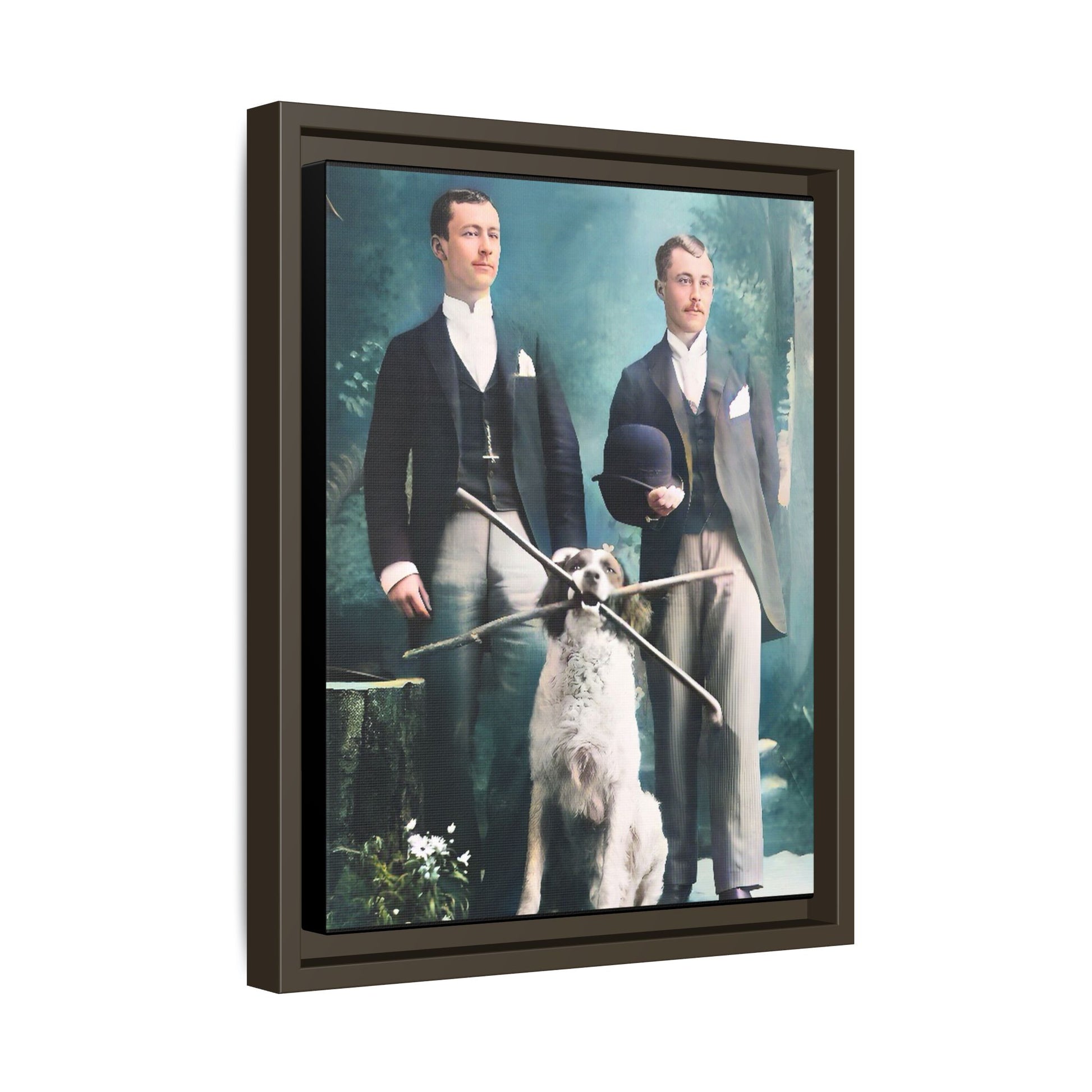 Restored vintage photograph of Patrick and Everett, an Edwardian gay couple with their loyal dog, taken in early 1900s Frankfort, Kentucky. Framed matte canvas print celebrating LGBTQ+ history, love, and companionship. Gay Couple
