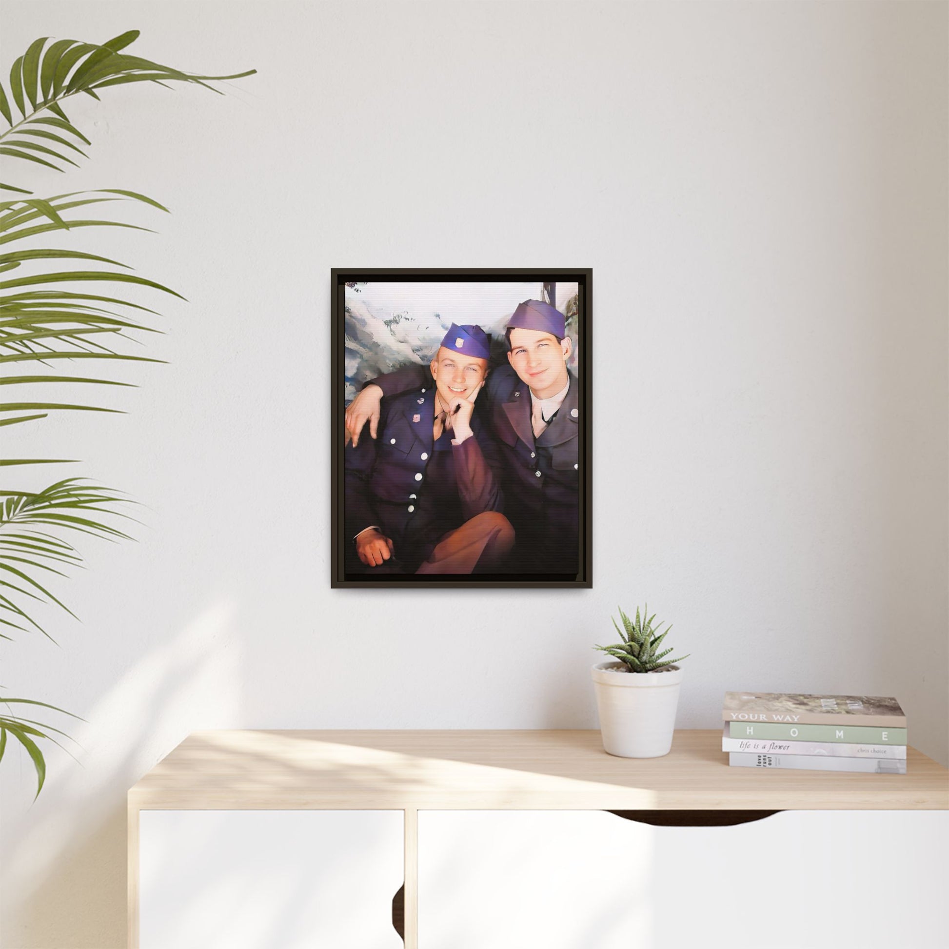 A restored vintage portrait of Willie & Louis at Metro-North Railroad in Harlem, New York. This framed matte canvas celebrates LGBTQ+ history, African American heritage, and timeless love. Gay Couple Love