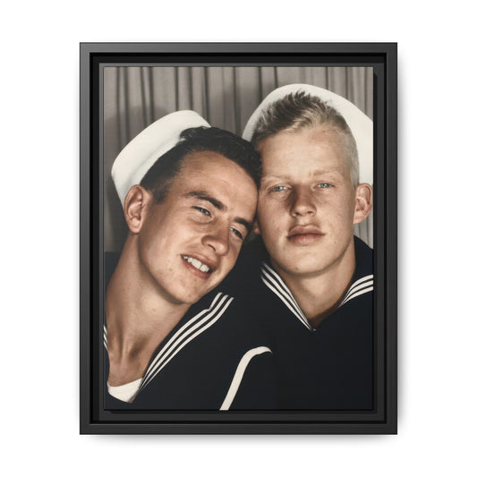 Paire 158 restored vintage portrait of two sailors in white naval caps, one resting his head against the other.