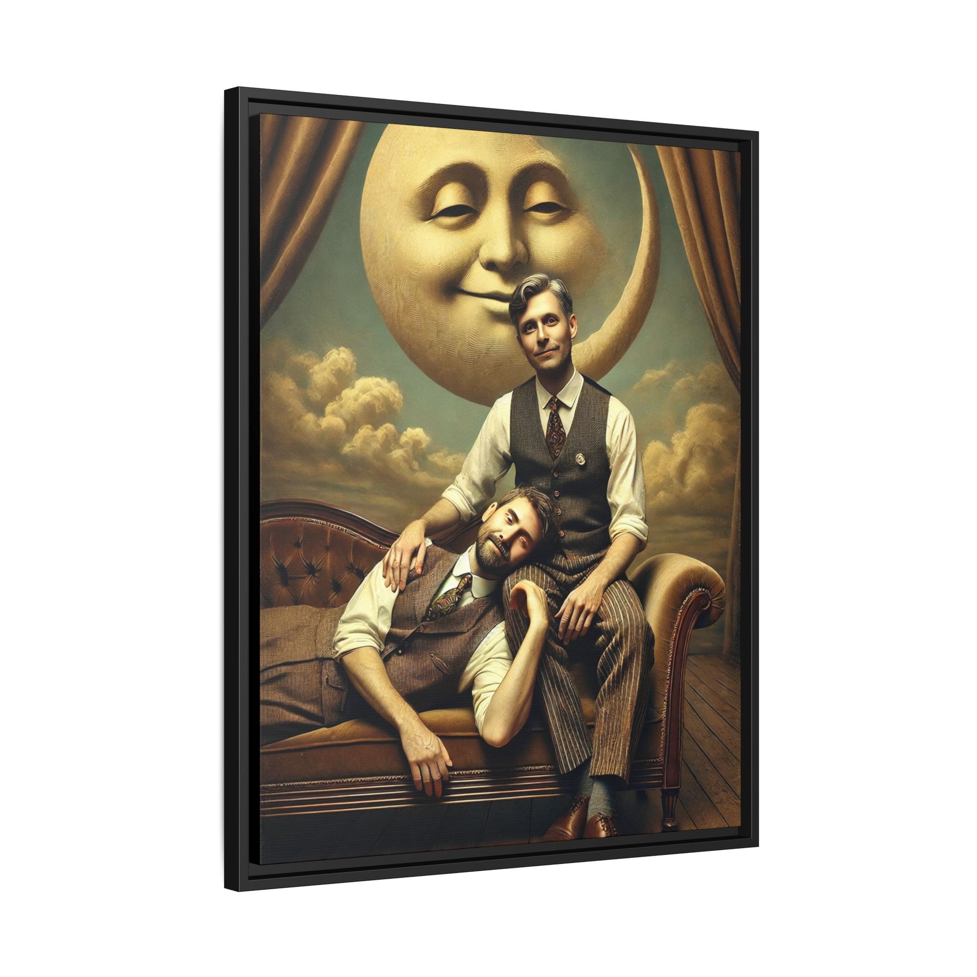 Vintage-style artwork of two men in 1920s clothing sitting close, one resting his head on the other’s lap beneath a smiling moon. Surrounded by theatrical curtains and clouds, this original piece honors lost queer love and challenges historical erasure with tenderness and pride.