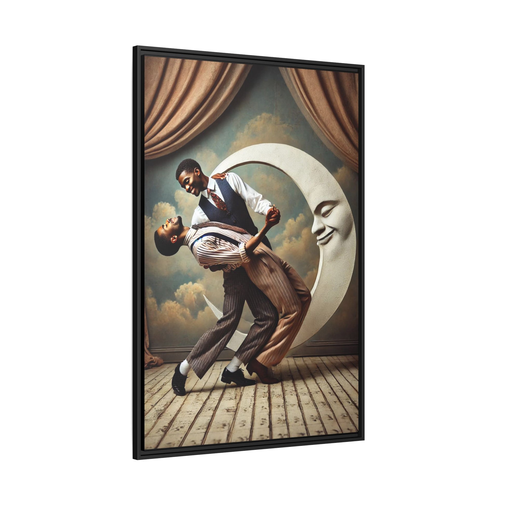 Framed artwork of two Black men in vintage suits dancing tenderly beneath a crescent moon with a smiling face. A romantic 1920s-inspired scene with velvet curtains and a painted sky backdrop. Part of a collection reclaiming lost queer Black history and art.