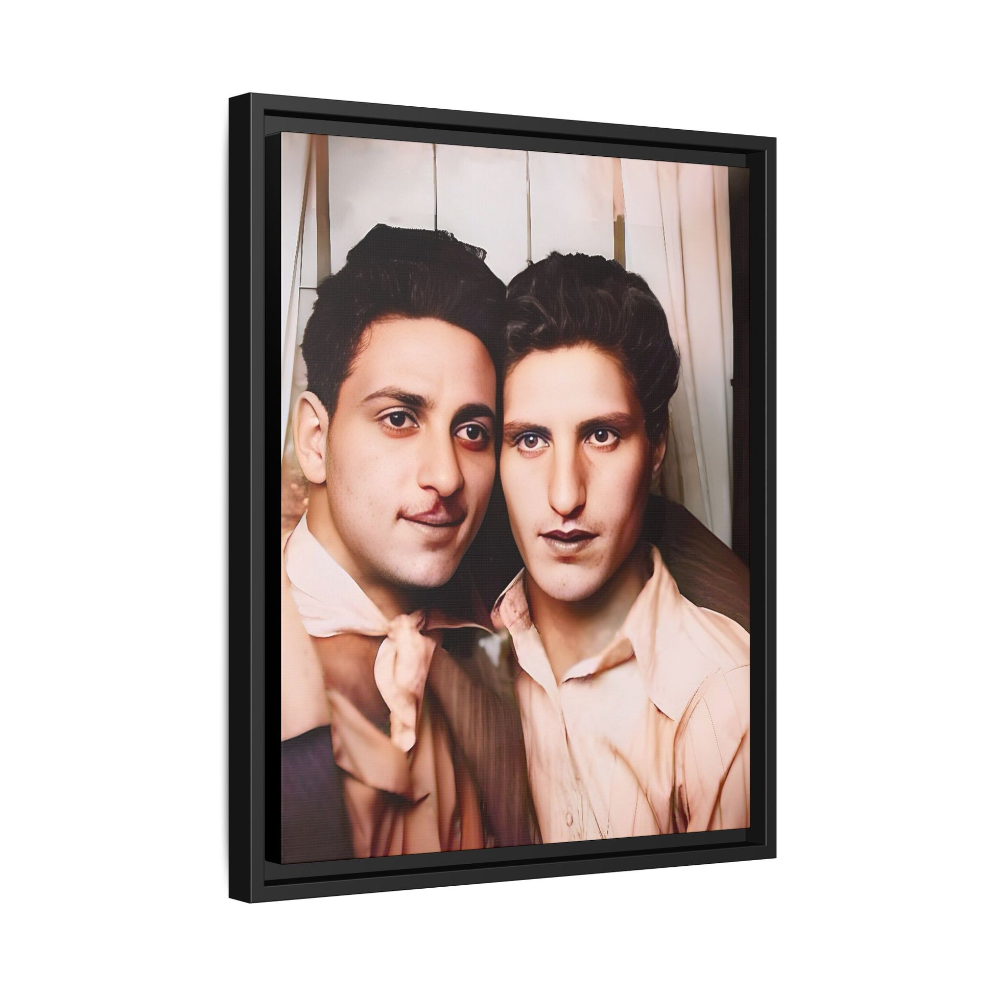 A framed vintage photo booth portrait on matte canvas featuring Juan and Lawrence in Santa Monica, California, capturing timeless LGBTQ+ love and companionship. Gay Couple