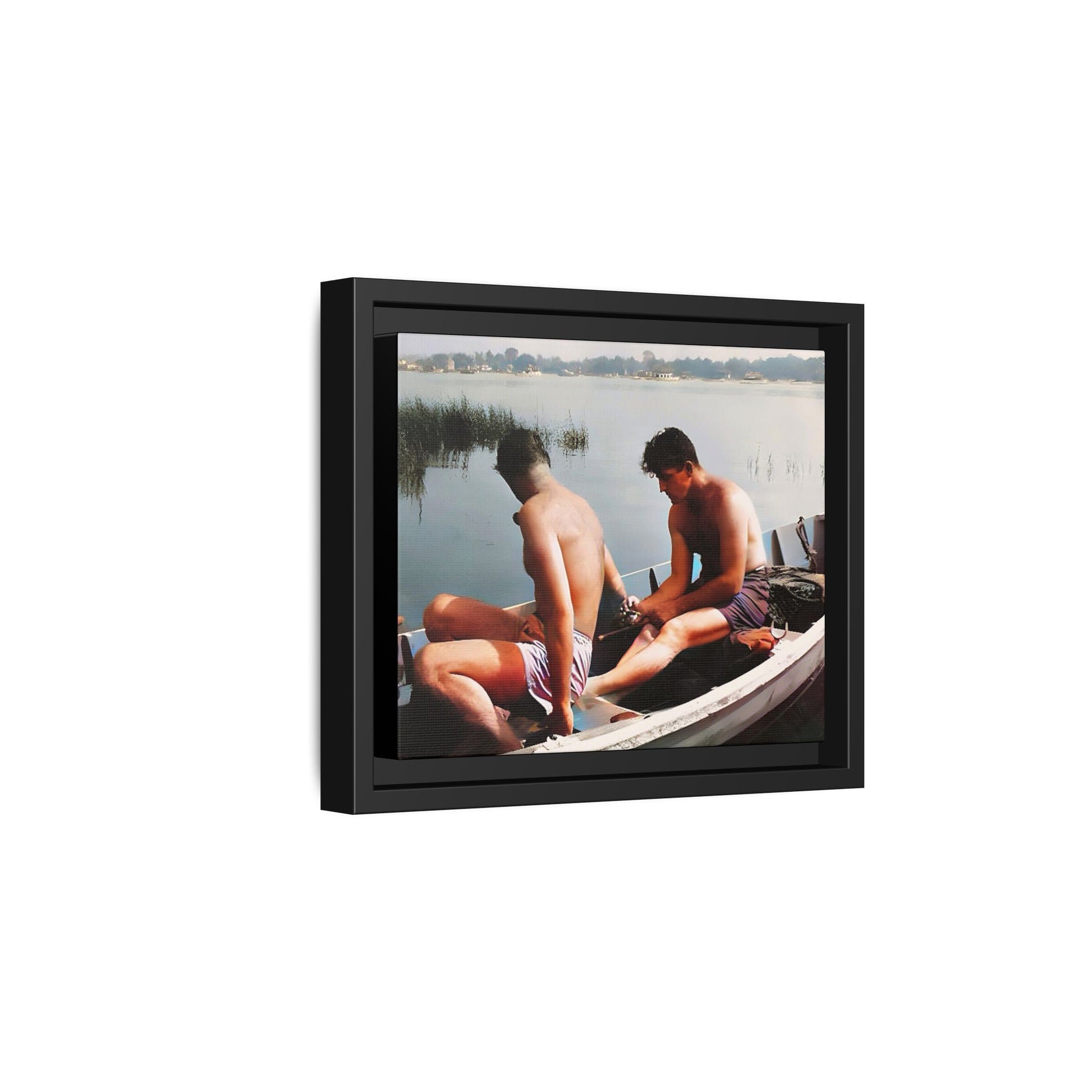 A restored vintage photo of Ned & Marty in a boat at Cape May, New Jersey. This framed matte canvas captures a serene LGBTQ+ love story, offering a nostalgic and timeless nautical scene perfect for collectors and history enthusiasts. Gay Couple