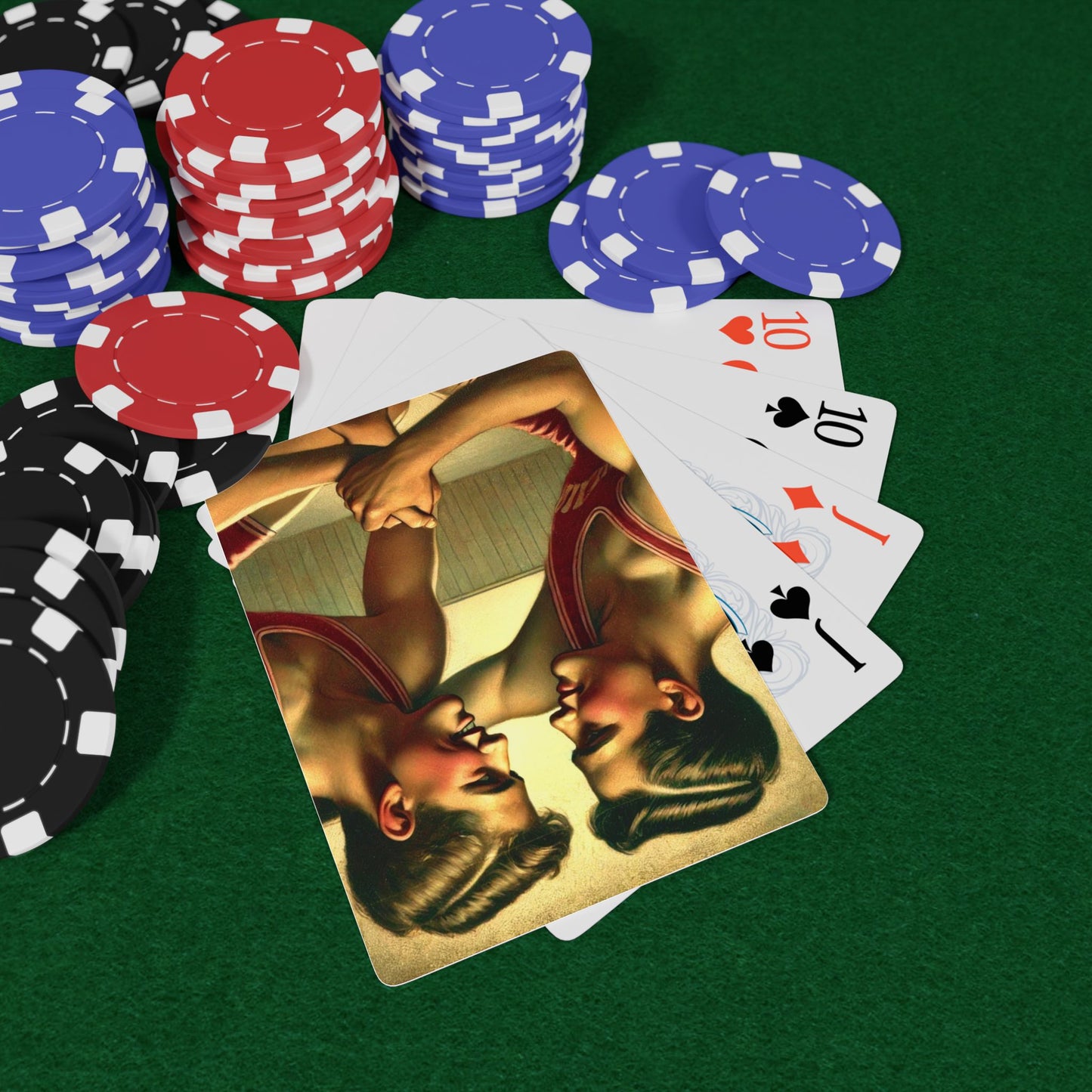 Grant Wood Tribute Poker Cards featuring two wrestlers in vintage singlets, capturing queer-coded moments in Americana.