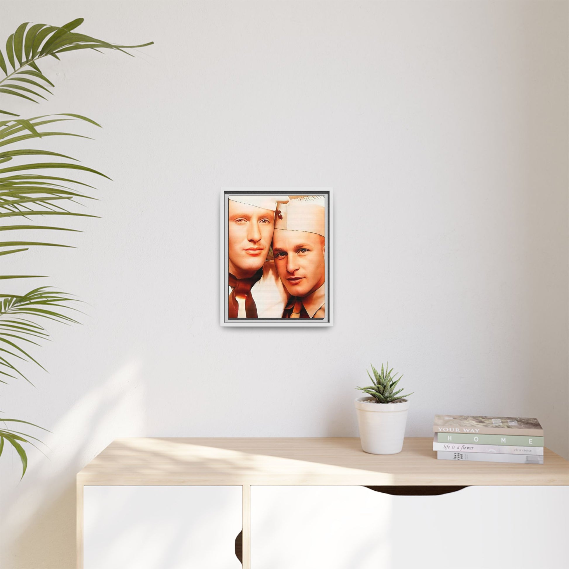 Vintage Gay photo booth portrait of Glenn & Sidney in Nantucket, MA. A heartwarming tribute to queer history, captured in a candid embrace. Available as a matte canvas print, perfect for celebrating love, identity, and nostalgia. Military Portrait