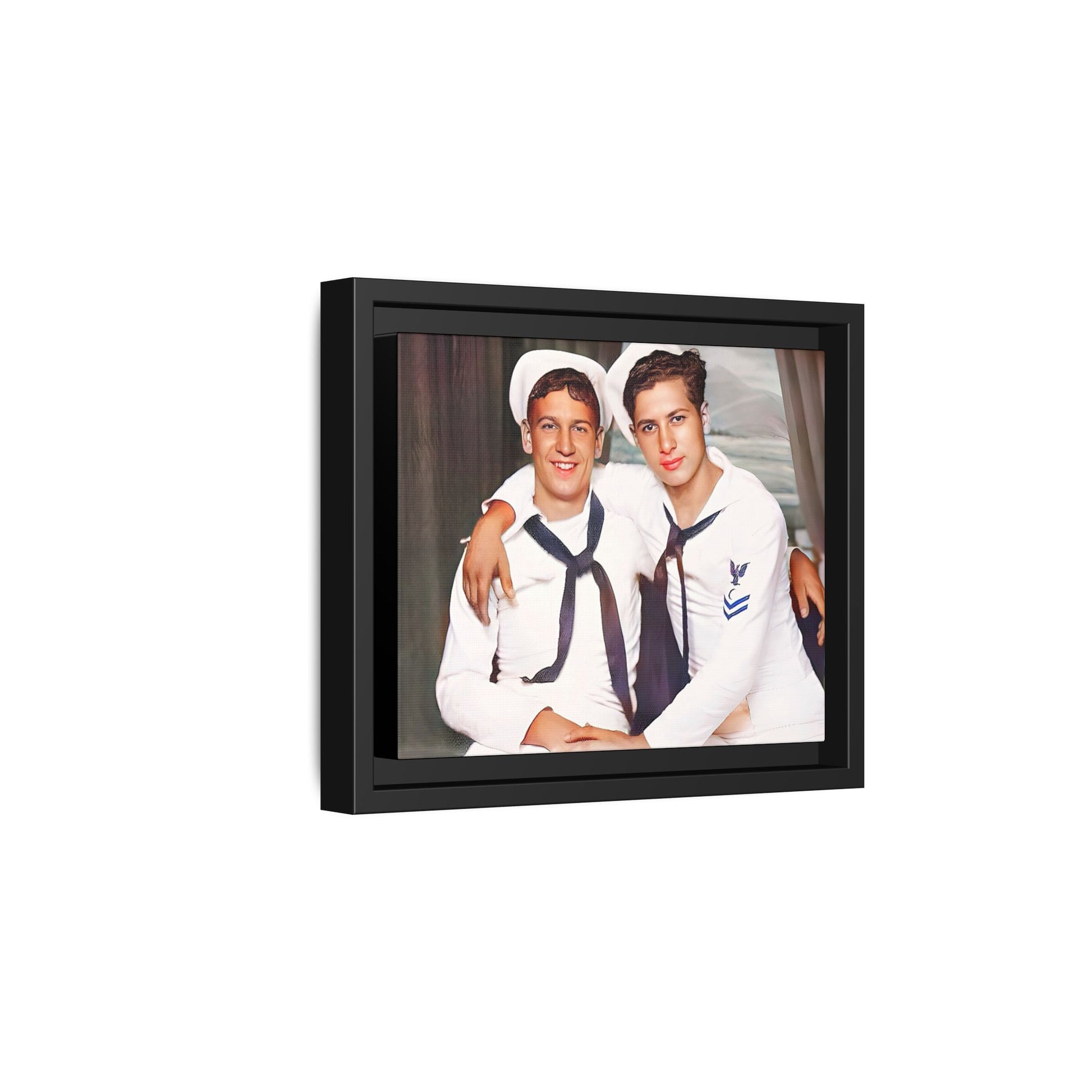 A restored vintage Navy portrait of Kenny and William at Fort Lee, Virginia. This framed matte canvas print honors military camaraderie, resilience, and LGBTQ+ history with a timeless tribute to friendship and love. Gay Couple Sailors Navy