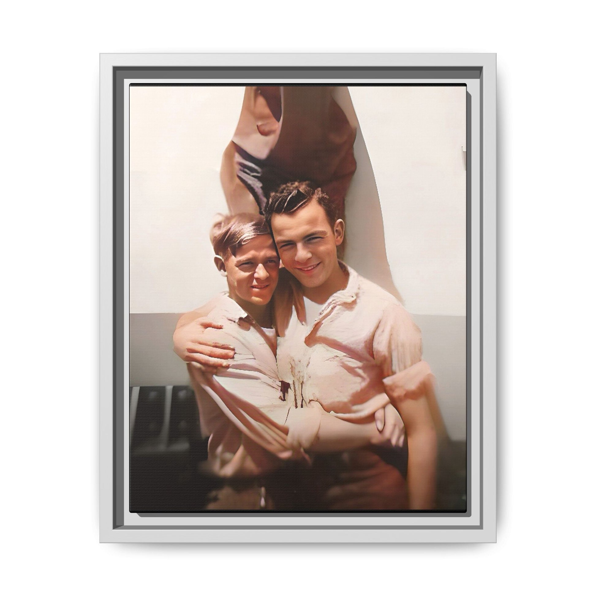 A framed vintage WWII-era portrait on matte canvas featuring Walter and Paul at Camp Shanks, NY, capturing love and resilience during wartime. Gay Couple