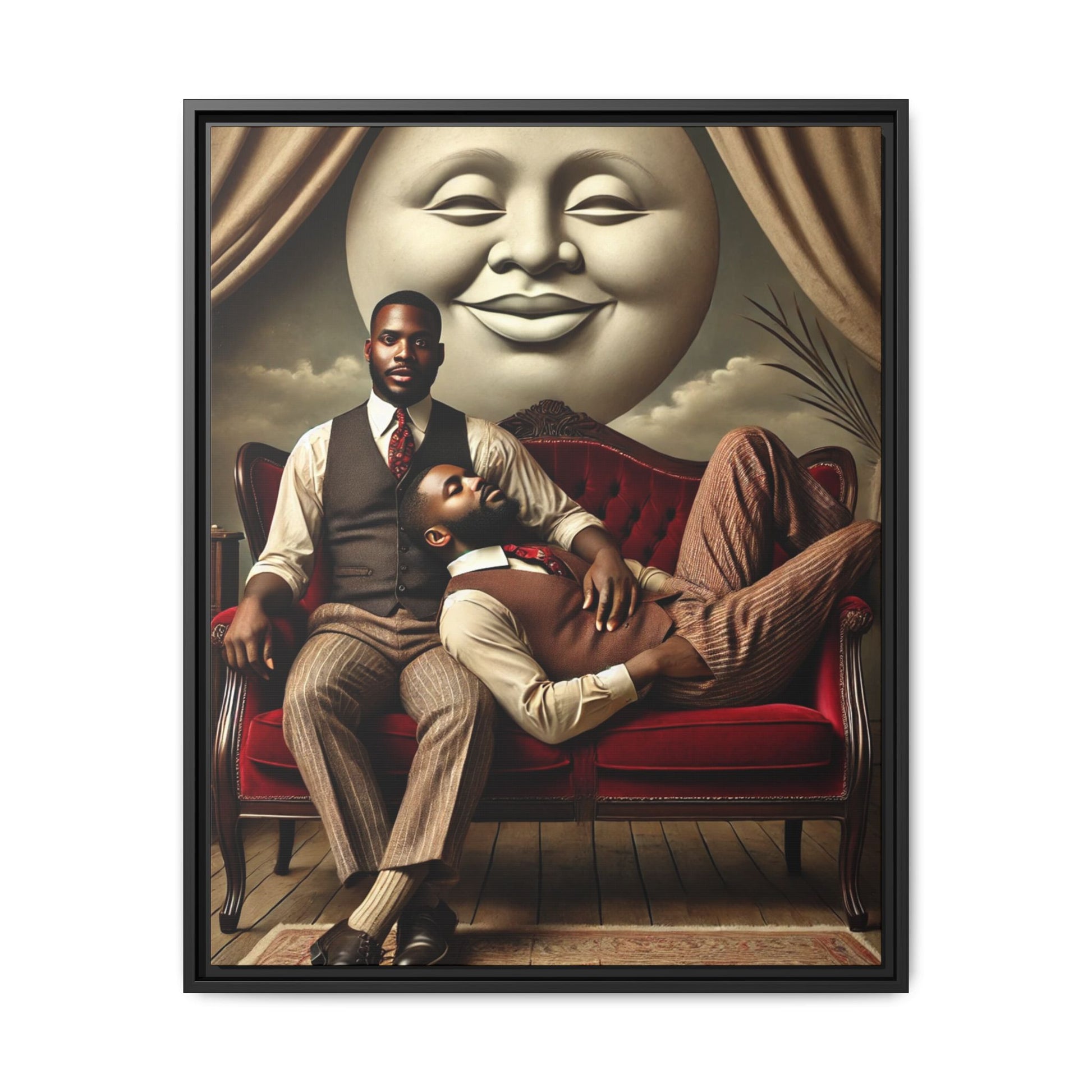 Vintage-style artwork of two Black men in 1920s clothing sitting and reclining together on a red velvet couch beneath a smiling full moon. The scene reclaims queer Black history and affection once lost to bias and invisibility.