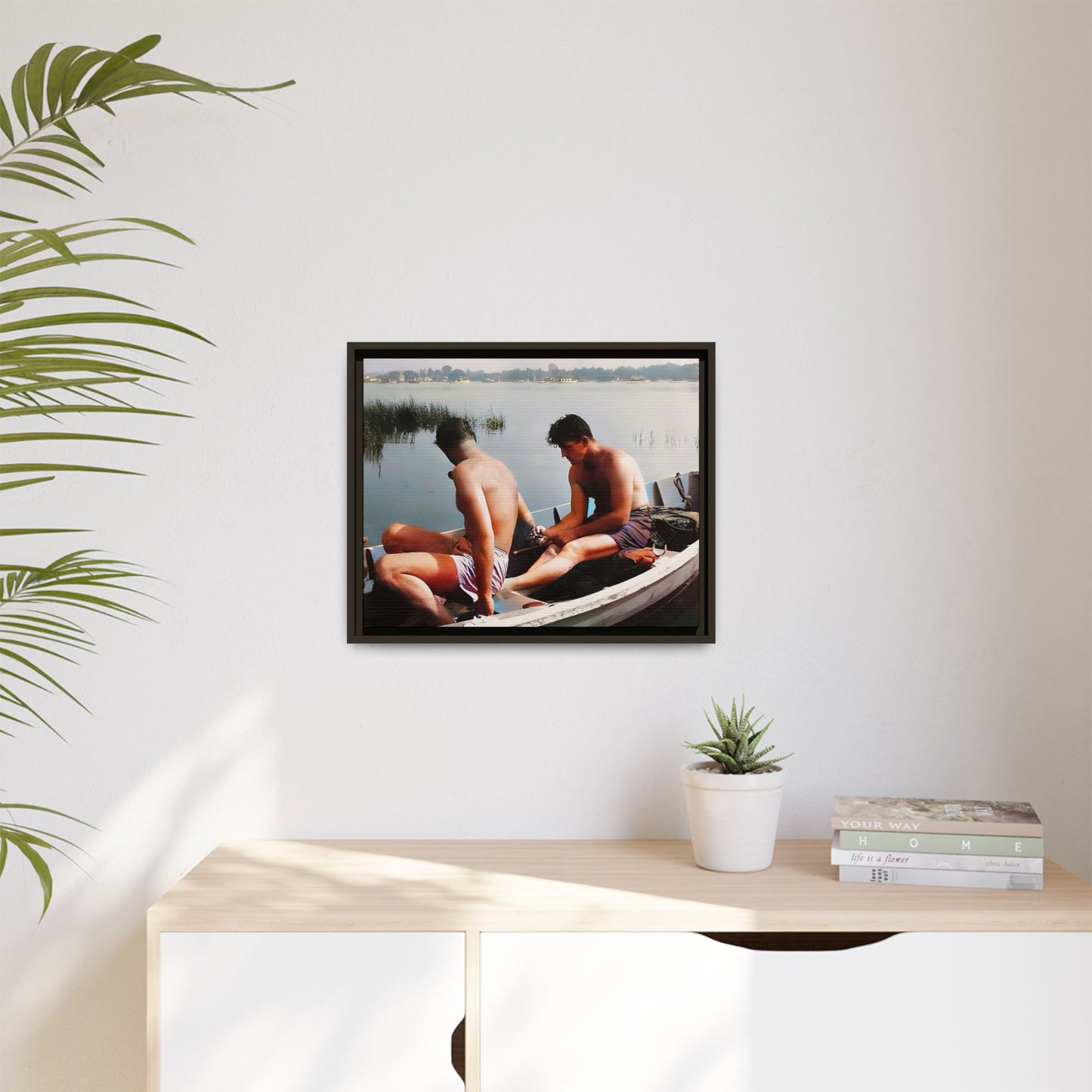 A restored vintage photo of Ned & Marty in a boat at Cape May, New Jersey. This framed matte canvas captures a serene LGBTQ+ love story, offering a nostalgic and timeless nautical scene perfect for collectors and history enthusiasts. Gay Couple
