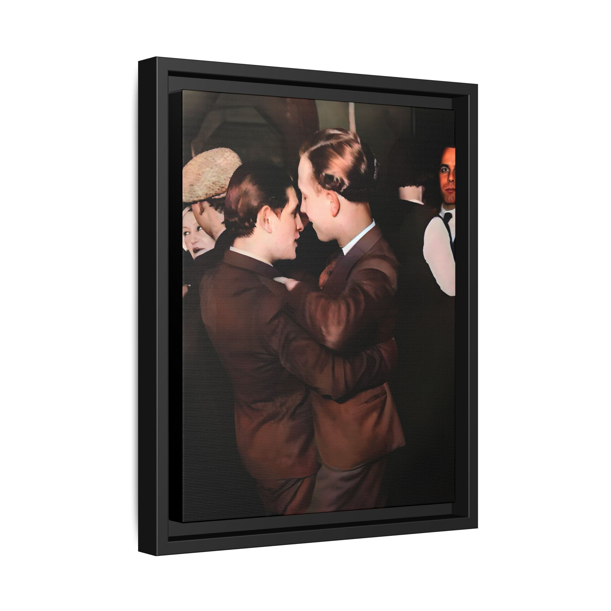 Vintage Gay dance portrait of Bernard & Leroy at an Atlanta soirée. Their embrace reflects timeless love and authenticity. A framed matte canvas print celebrating history, romance, and the elegance of shared moments.