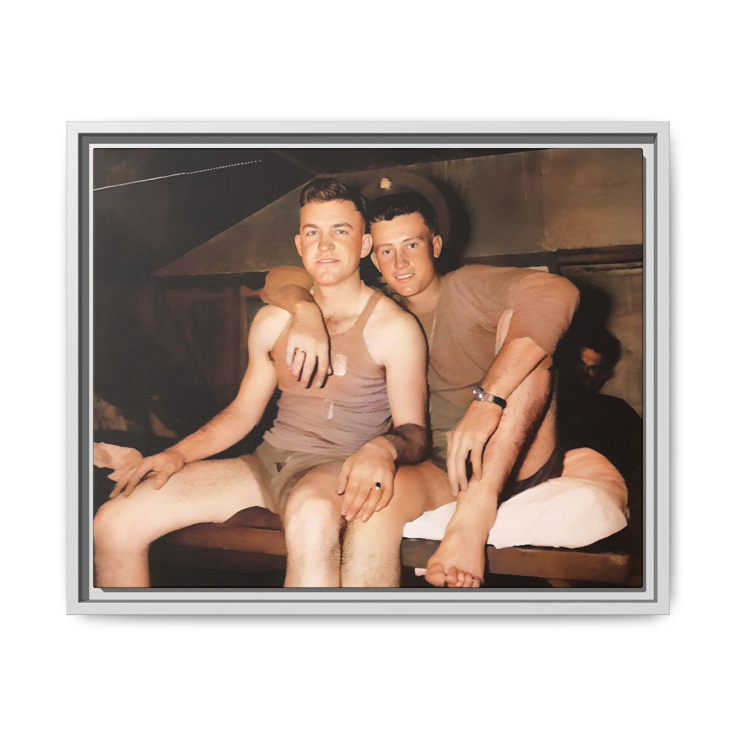 Barracks, Oahu. This framed canvas print honors LGBTQ+ history, military camaraderie, and timeless love, making it a unique and meaningful piece for collectors and history enthusiasts.