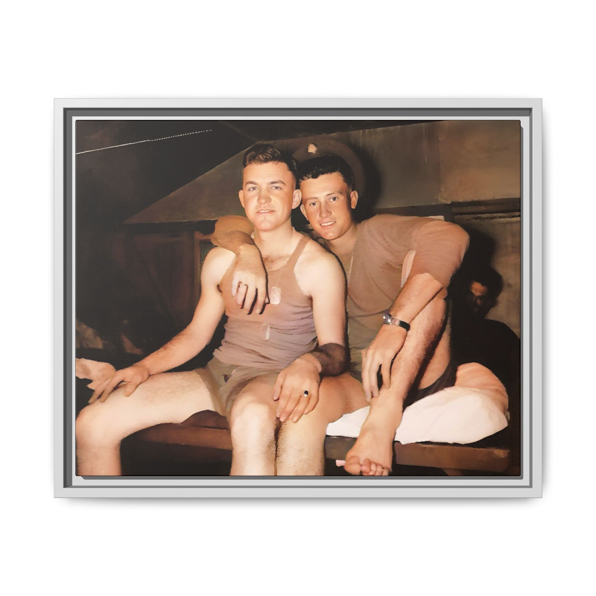 Barracks, Oahu. This framed canvas print honors LGBTQ+ history, military camaraderie, and timeless love, making it a unique and meaningful piece for collectors and history enthusiasts.