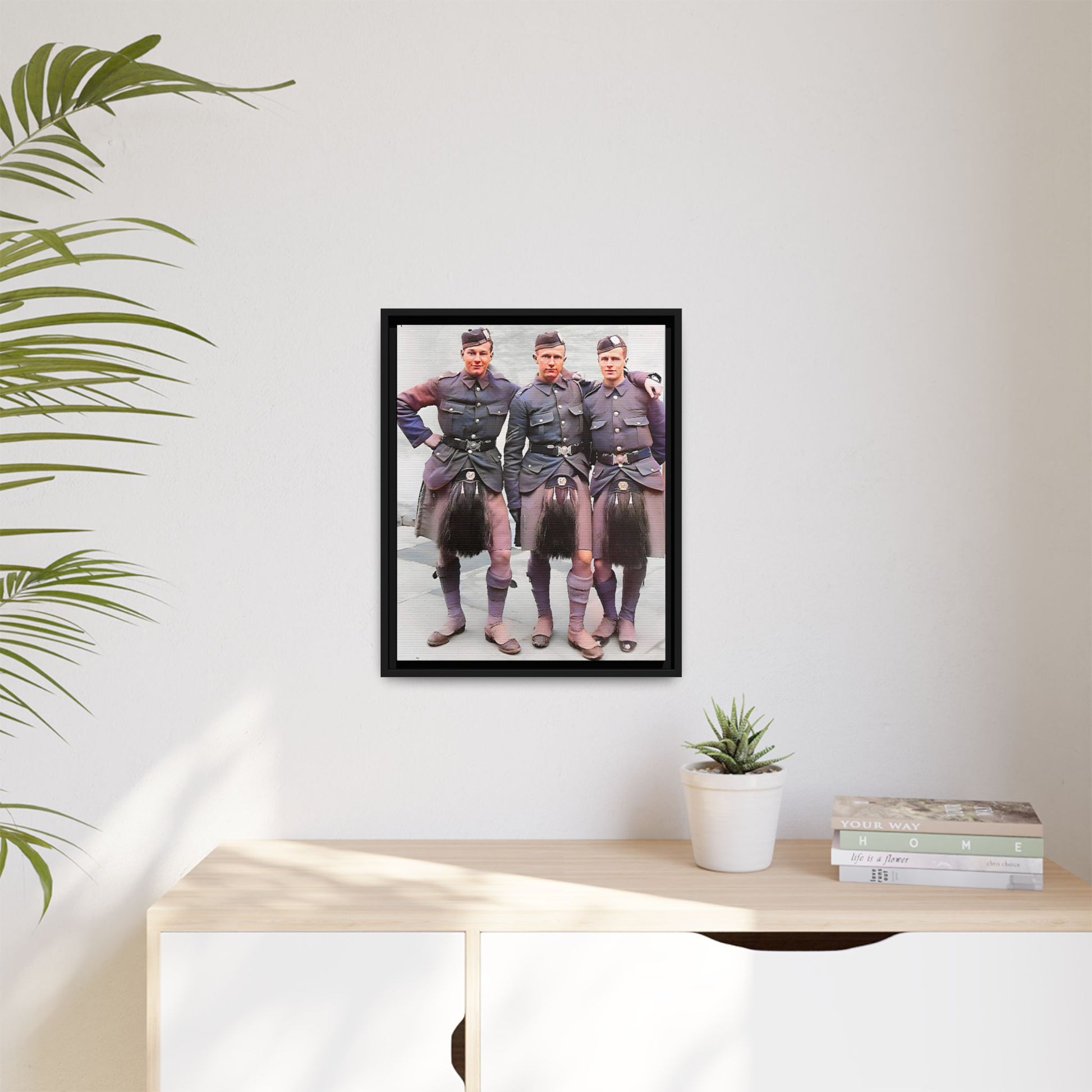 A restored vintage portrait of Gordon Highlanders in Glasgow, Scotland. This framed matte canvas honors Scottish military history, tradition, and unity.