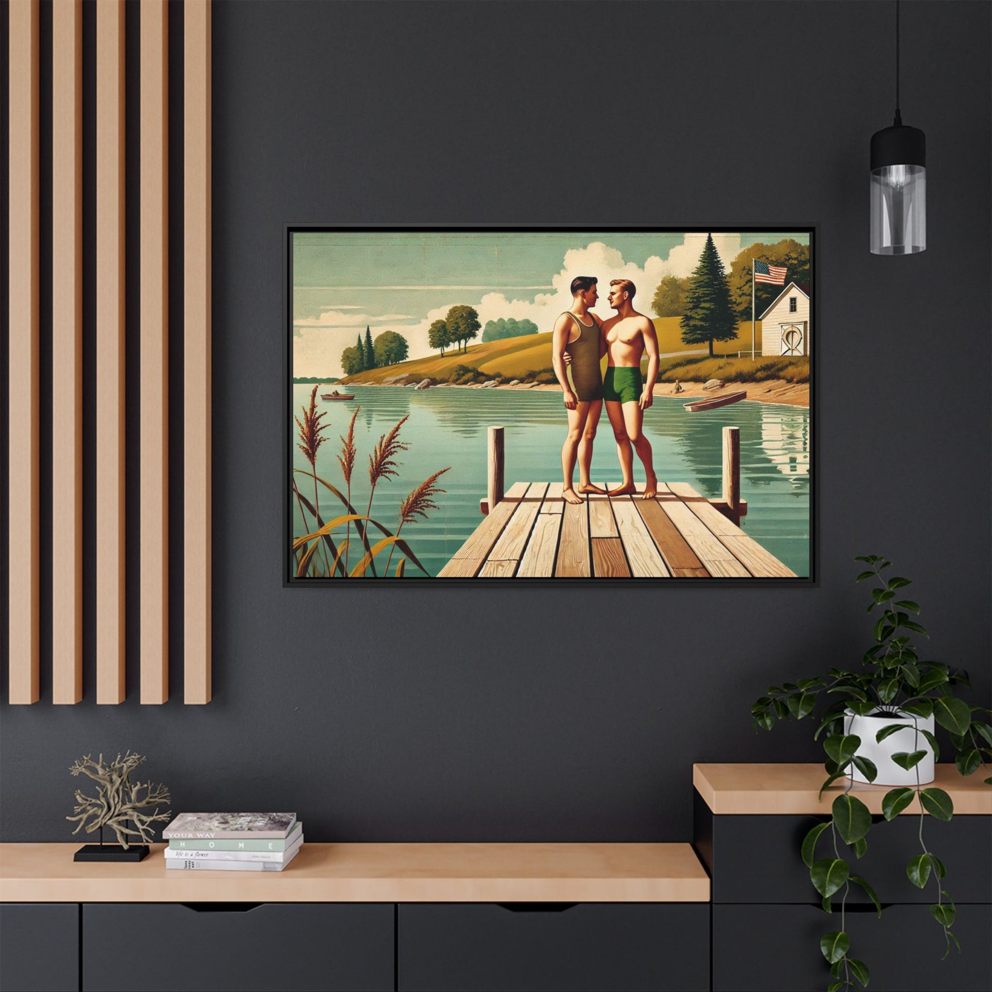 Framed artwork of a gay couple sharing a tender moment on a wooden dock by a peaceful lake, dressed in vintage swimwear. Set against rolling hills and a lakeside cabin, this nostalgic scene honors LGBTQ+ love in a serene Midwestern summer setting.