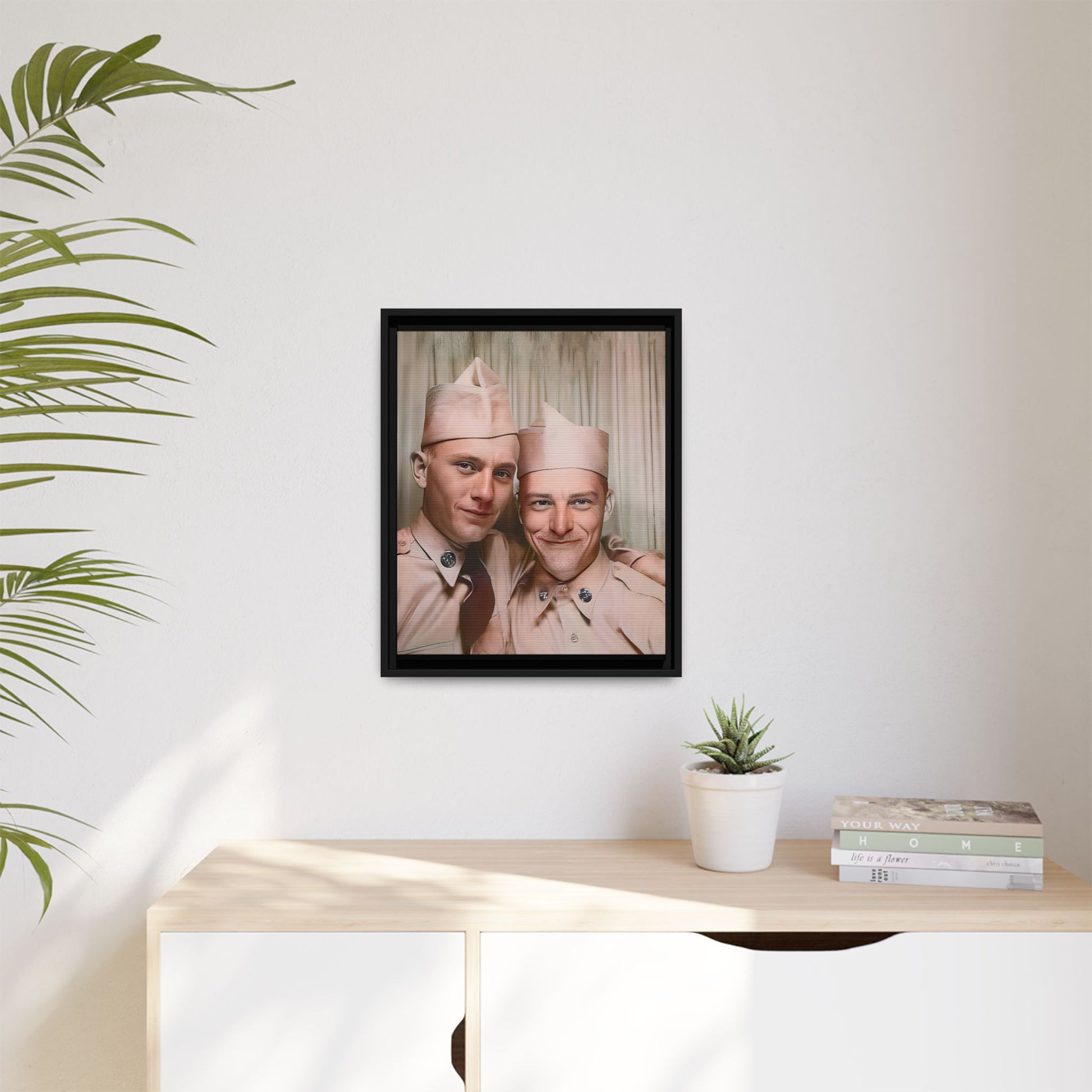 A framed vintage army portrait on matte canvas featuring two soldiers at Puget Sound Naval Shipyard, symbolizing friendship and service. Gay Couple Photo Booth