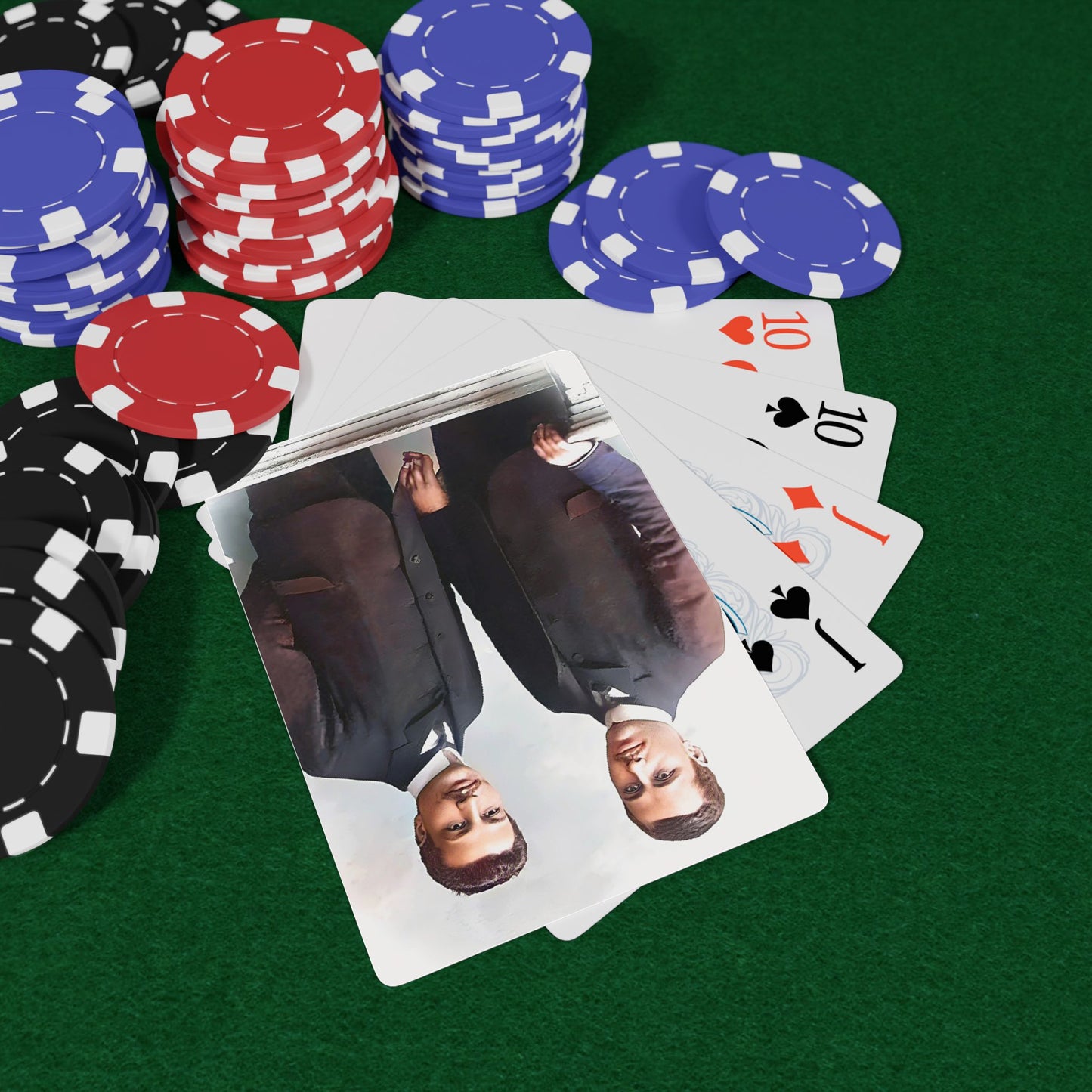 Vintage poker cards featuring a restored studio portrait of two men in formal attire, symbolizing LGBTQ+ love in Bulgaria.