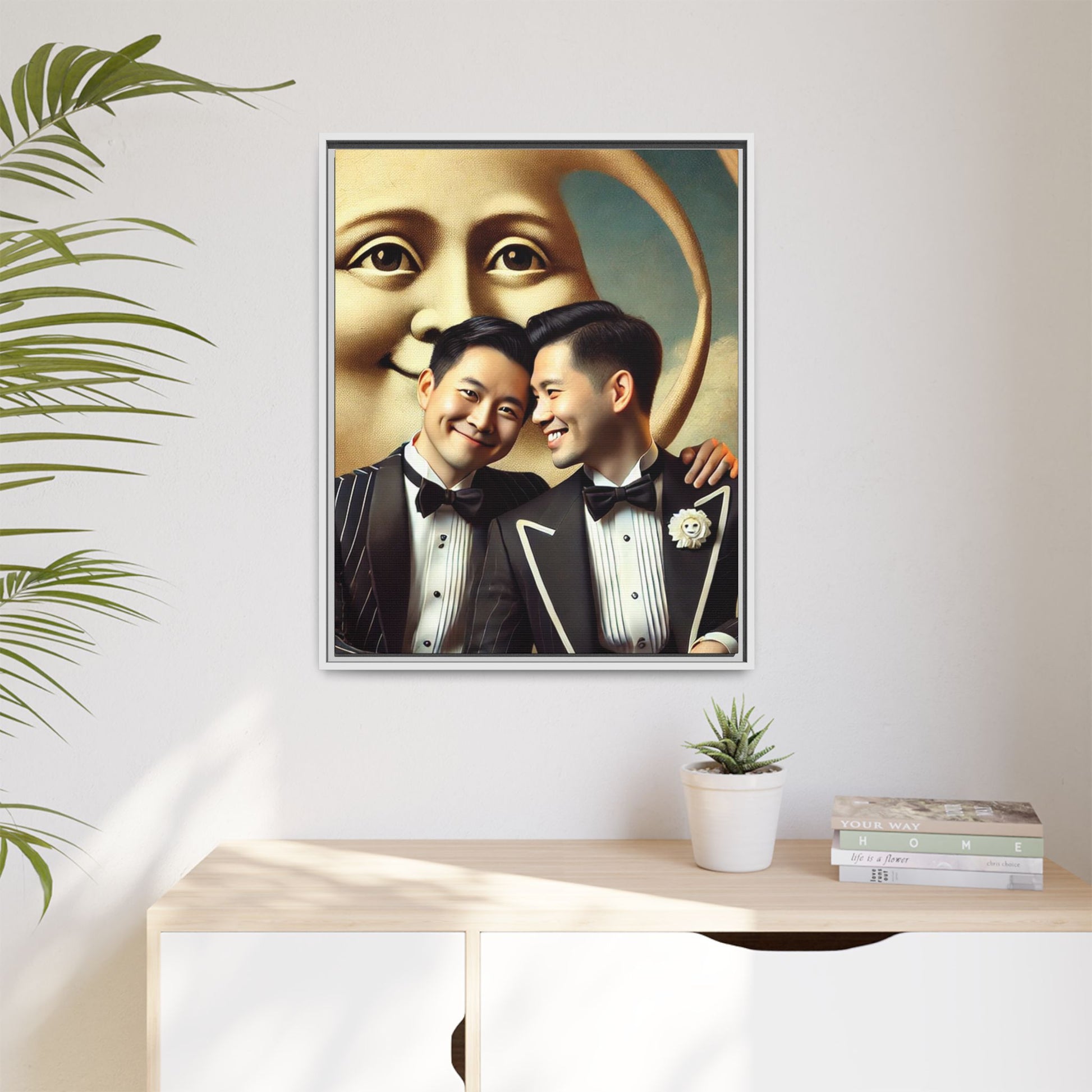 Framed matte canvas featuring a joyful queer Asian couple in tuxedos standing beneath a crescent moon. This artwork, part of the Missing Art Studies series, reimagines erased queer histories with warmth, dignity, and vintage-inspired style.
