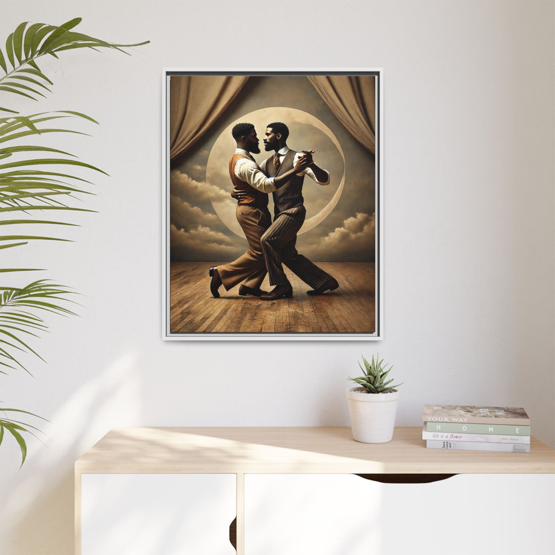 Original artwork of two Black men ballroom dancing in vintage 1920s suits under a glowing moon backdrop. A romantic and powerful tribute to queer love and Black history that reclaims moments lost to systemic bias and cultural erasure.