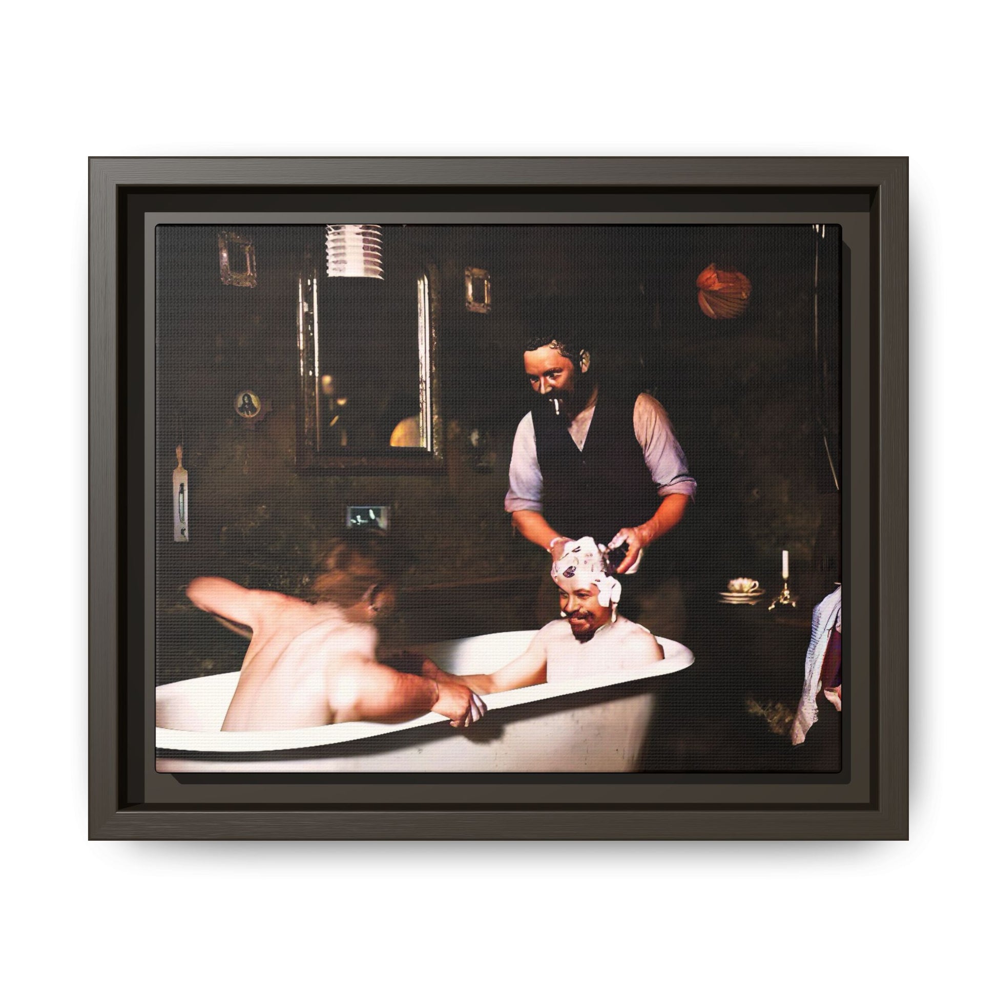 Restored vintage photo of camaraderie at Walsh Depot, Battle Mountain, NV, featuring a clawfoot tub, and framed canvas art. Naked Men in the bathtub. Gay Bears