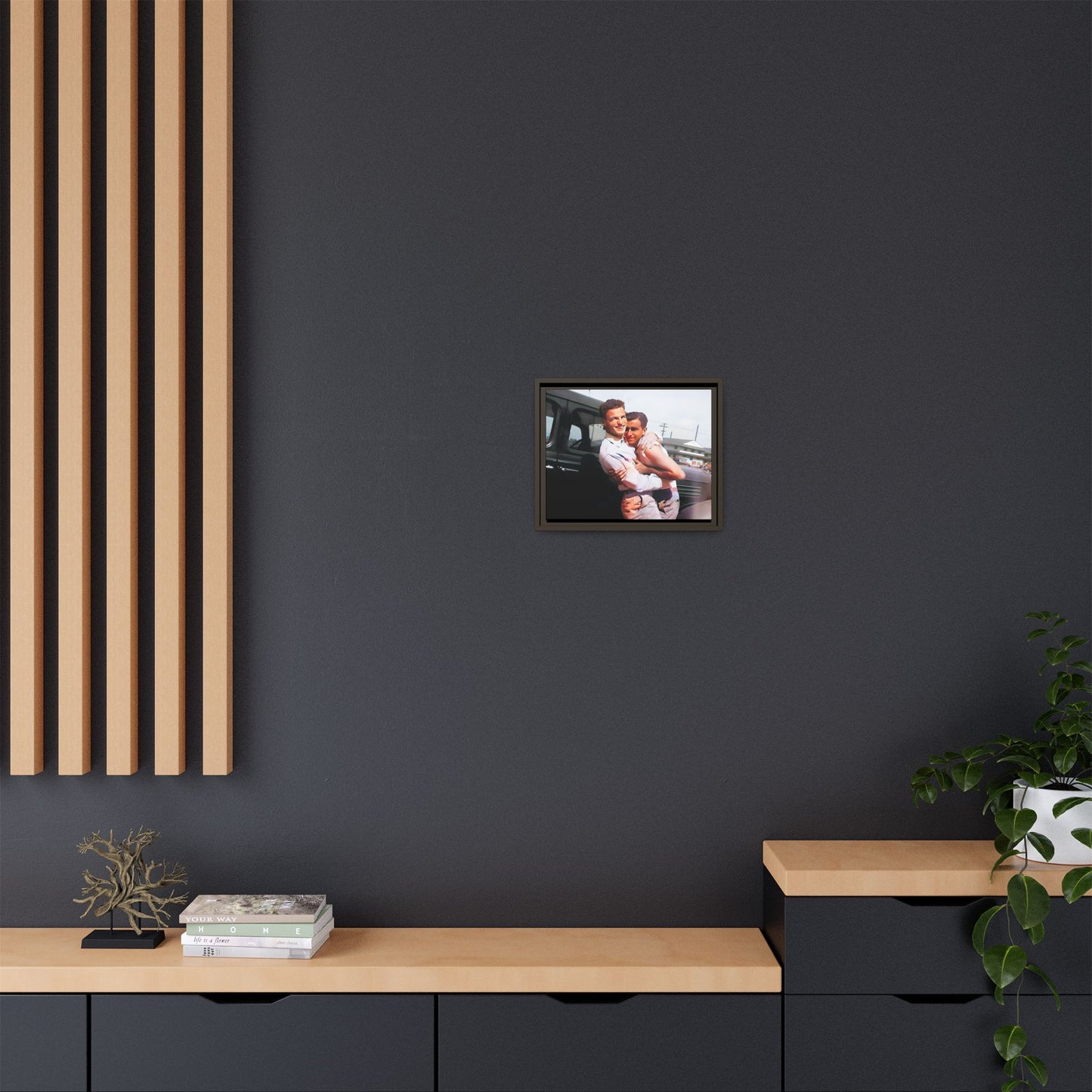 A framed vintage love portrait on matte canvas featuring Henry and Raymond in Peoria, Illinois, capturing timeless LGBTQ+ connection and joy. Gay Couple