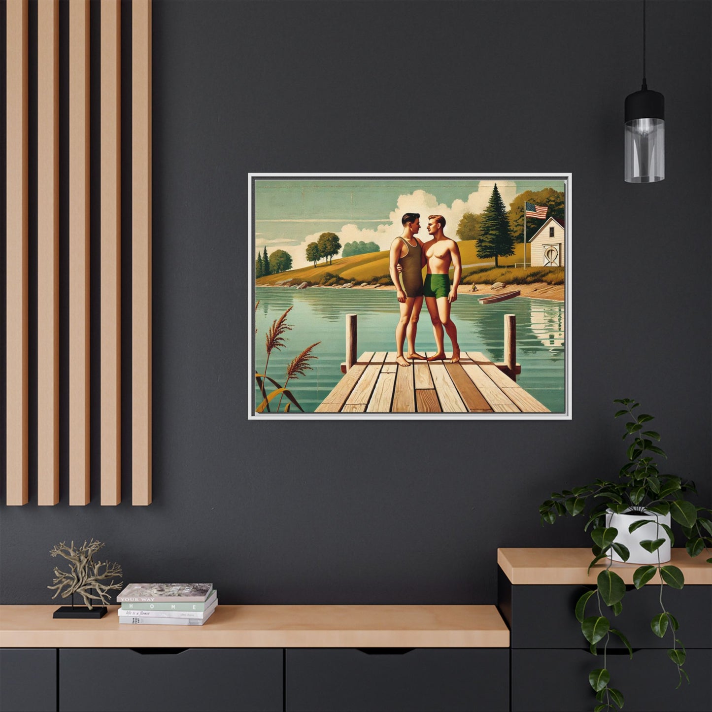 Framed artwork of a gay couple sharing a tender moment on a wooden dock by a peaceful lake, dressed in vintage swimwear. Set against rolling hills and a lakeside cabin, this nostalgic scene honors LGBTQ+ love in a serene Midwestern summer setting.