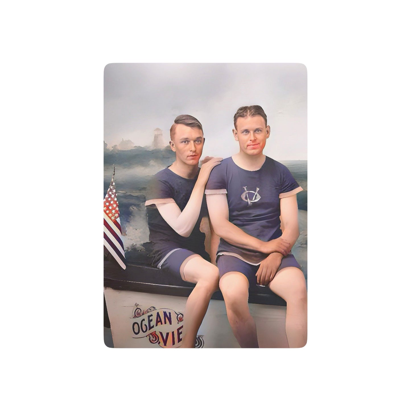 Vintage poker cards featuring a restored studio portrait of two men in nautical swimwear, symbolizing queer love and history.