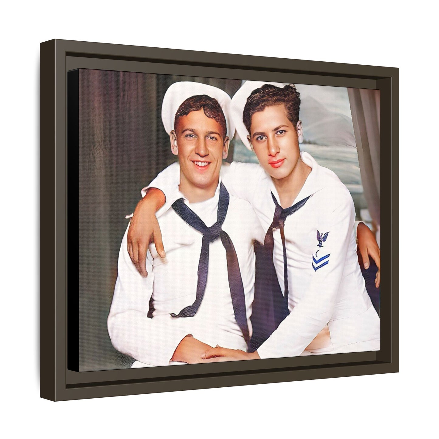A restored vintage Navy portrait of Kenny and William at Fort Lee, Virginia. This framed matte canvas print honors military camaraderie, resilience, and LGBTQ+ history with a timeless tribute to friendship and love. Gay Couple Sailors Navy