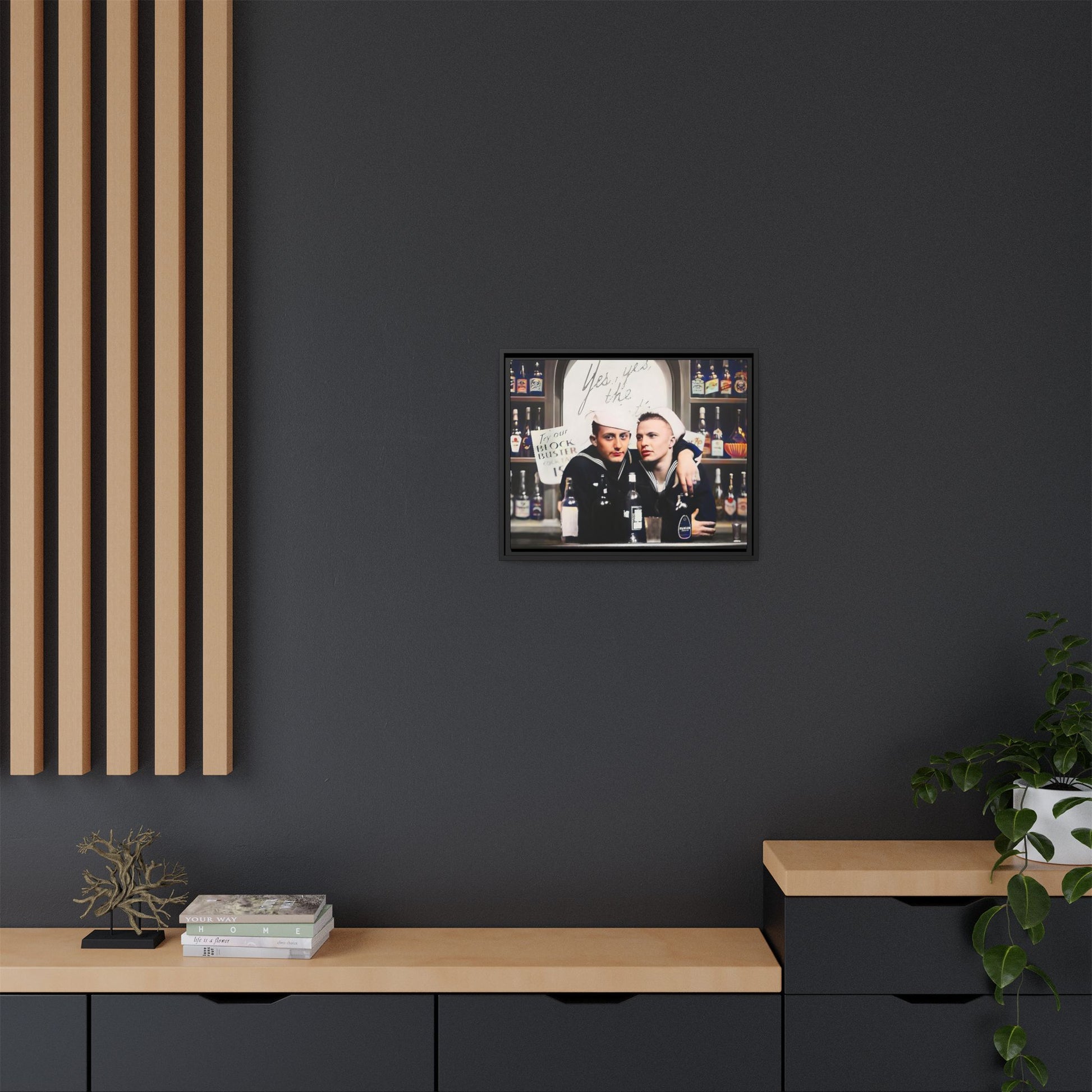 A restored vintage photo of Matt & Cory at Naval Air Station Alameda, CA. This framed matte canvas print captures camaraderie, LGBTQ+ history, and the spirit of military service, making it a unique and nostalgic keepsake for history lovers. Gay Couple Sailors