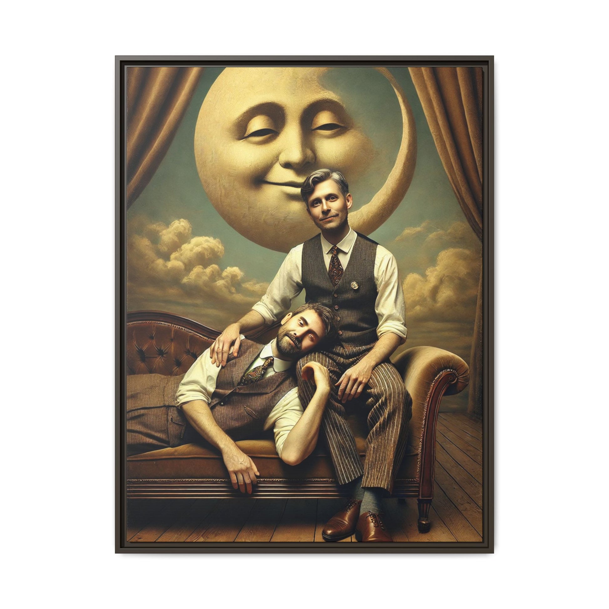 Vintage-style artwork of two men in 1920s clothing sitting close, one resting his head on the other’s lap beneath a smiling moon. Surrounded by theatrical curtains and clouds, this original piece honors lost queer love and challenges historical erasure with tenderness and pride.