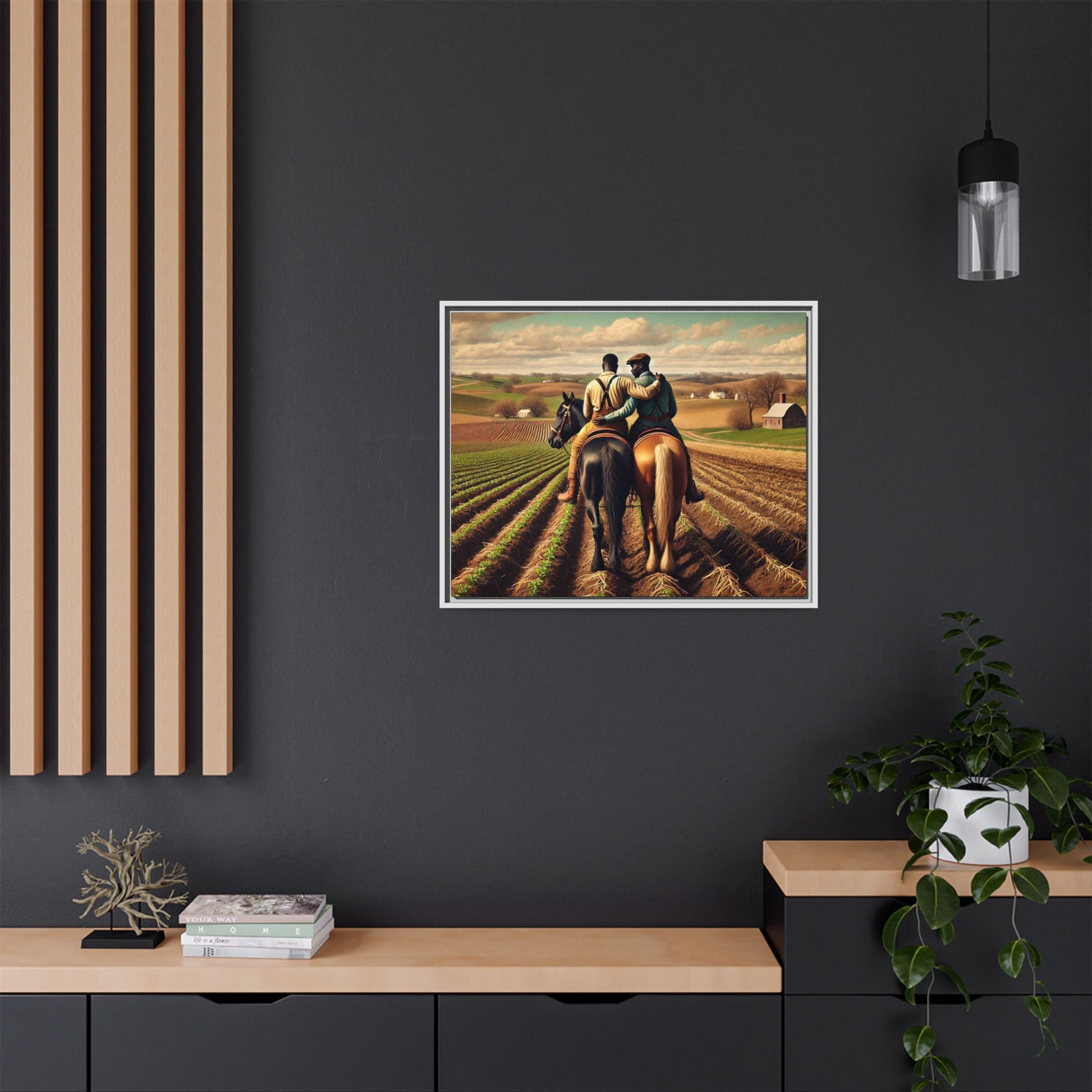 Artwork of an African-American gay couple riding horseback through expansive farmland, sharing a tender moment as they overlook lush fields. Dressed in rugged vintage attire, this scene captures resilience, love, and the charm of rural life, celebrating LGBTQ+ history and African-American heritage.