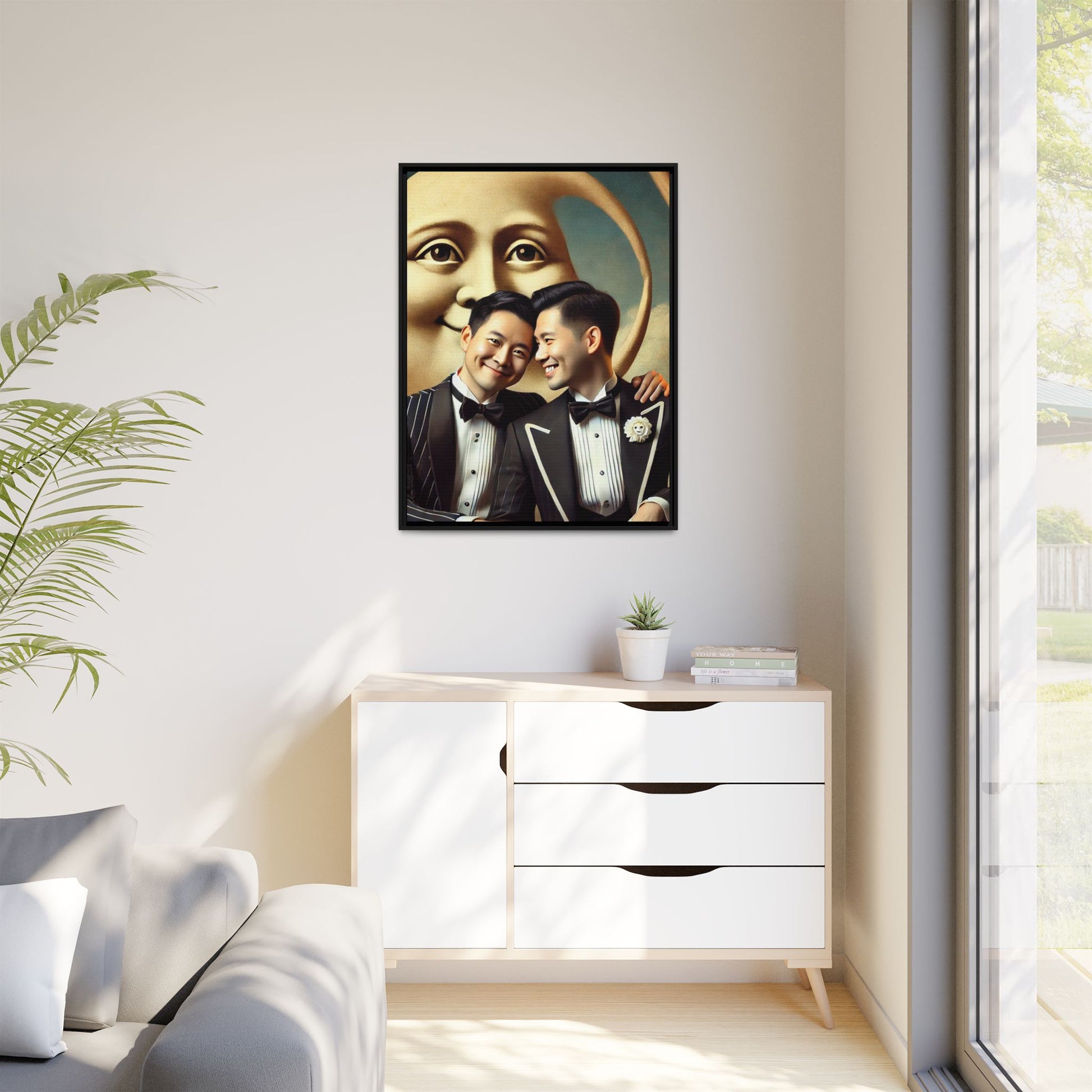 Framed matte canvas featuring a joyful queer Asian couple in tuxedos standing beneath a crescent moon. This artwork, part of the Missing Art Studies series, reimagines erased queer histories with warmth, dignity, and vintage-inspired style.
