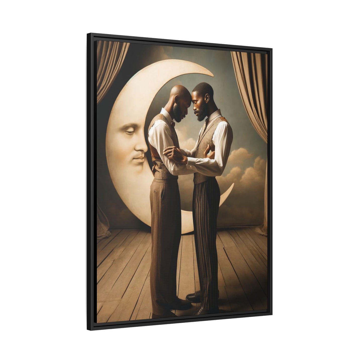 Two Black men in vintage 1920s clothing stand forehead to forehead, embraced beneath a glowing crescent moon. A theatrical scene honoring queer love, memory, and history, reclaiming moments that were never captured due to cultural bias.