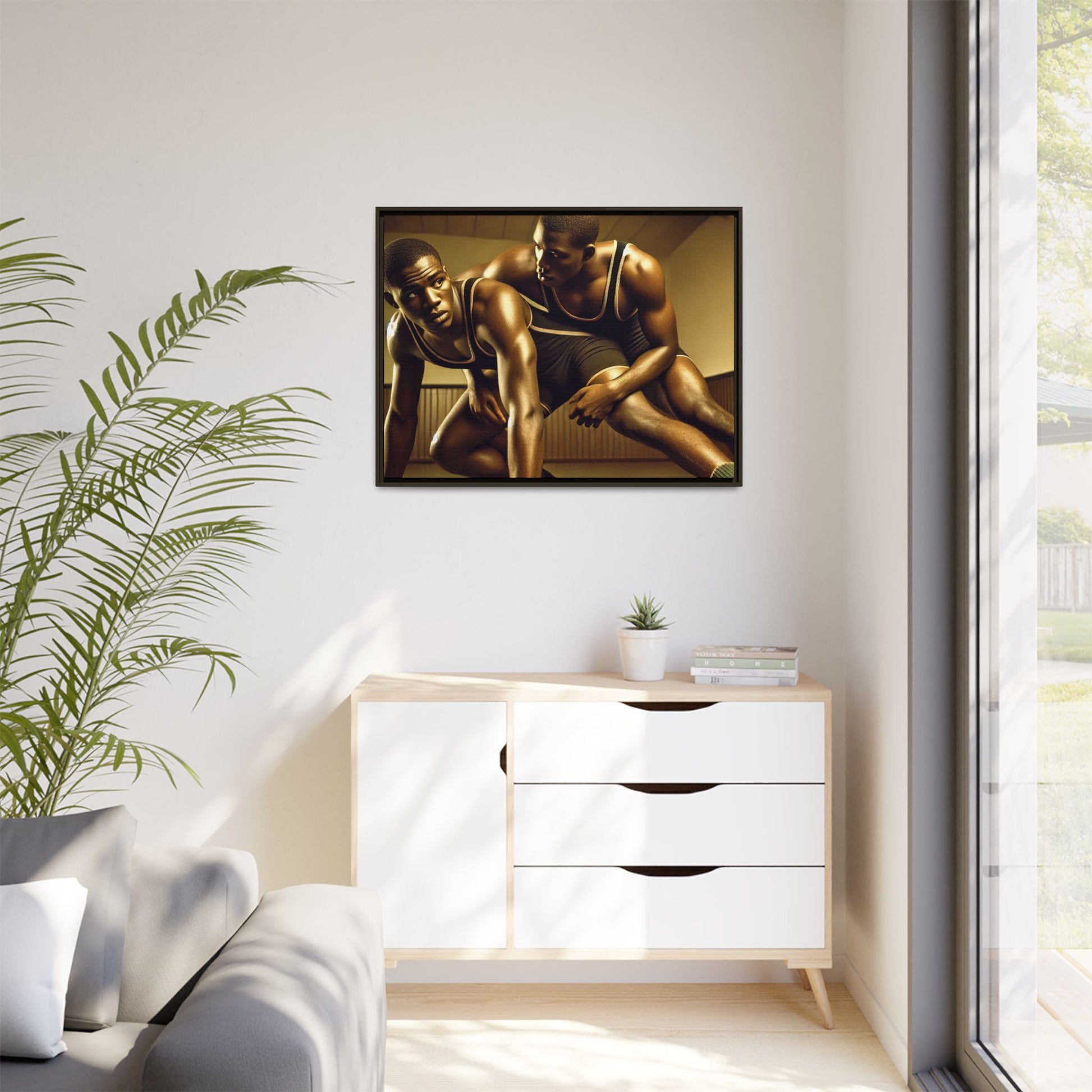 Framed artwork inspired by Grant Wood, showcasing African-American wrestlers in a vintage gymnasium setting. A powerful tribute to teamwork, resilience, and regionalist art.