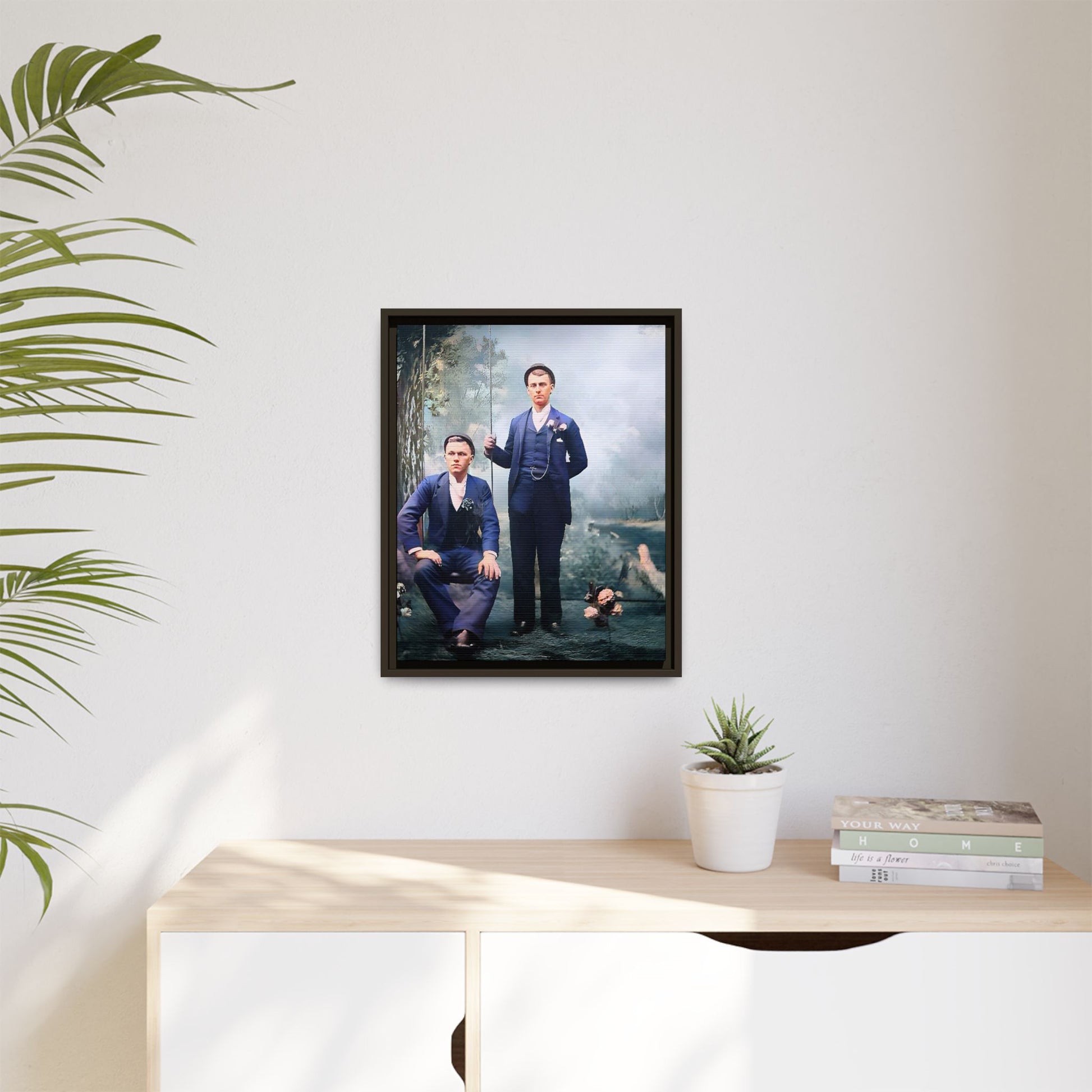 A restored vintage portrait of David & Earnest in Monongahela City, Pennsylvania. This framed matte canvas honors LGBTQ+ history, elegance, and enduring love. Gay Couple