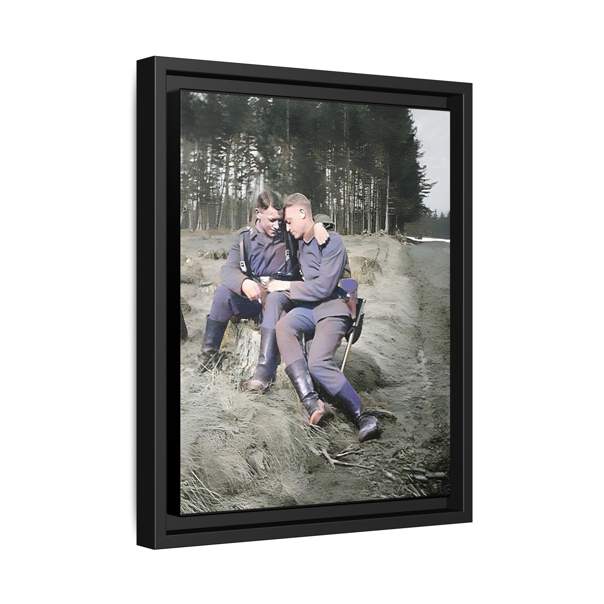 A beautifully restored WWI-era photograph featuring Felix and Engel, two soldiers seated closely on a tree stump in Verdun, France. Dressed in military uniforms with rugged boots, their affectionate expressions and serene forest backdrop capture a rare and intimate moment of connection and resilience during wartime. Vintage Foto Schwules Paar