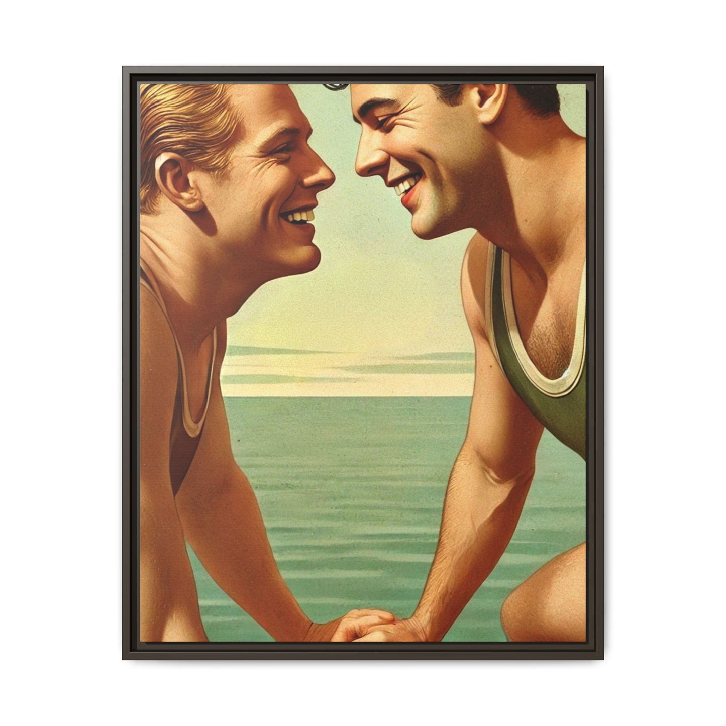 Vintage-style artwork of a joyful 1930s moment between a gay couple by the lake, dressed in classic swimwear and sharing warm smiles. Set on a serene wooden dock, this piece captures love, companionship, and LGBTQ+ history in an idyllic, nostalgic summer setting.