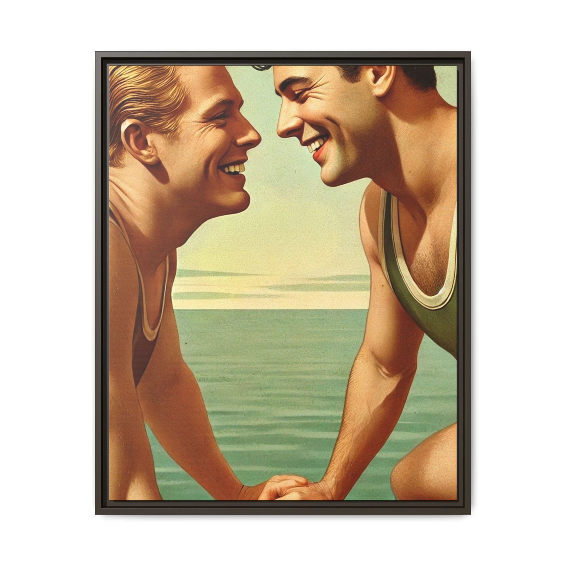 Vintage-style artwork of a joyful 1930s moment between a gay couple by the lake, dressed in classic swimwear and sharing warm smiles. Set on a serene wooden dock, this piece captures love, companionship, and LGBTQ+ history in an idyllic, nostalgic summer setting.