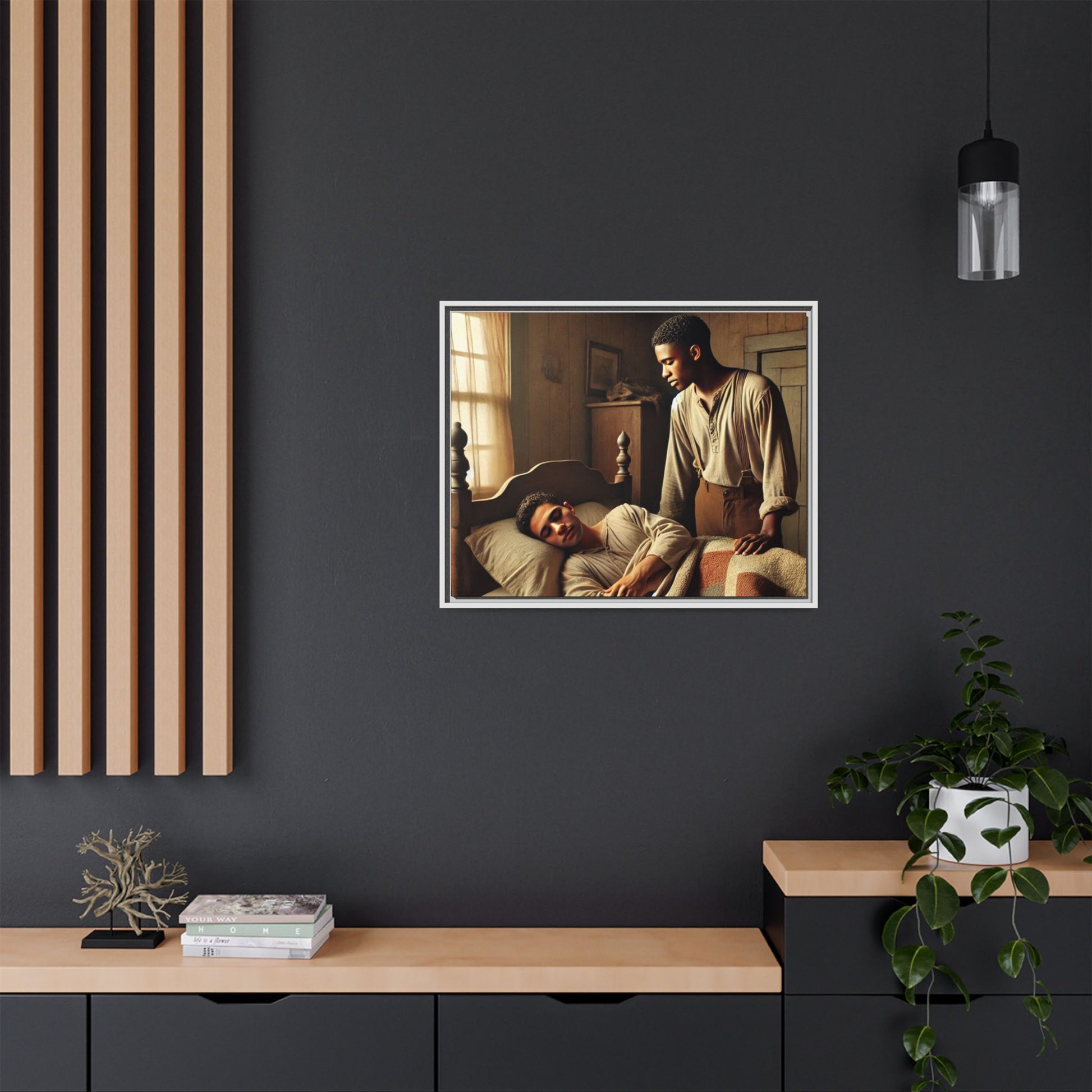 Grant 007 artwork depicting an African-American queer couple in a tender, intimate moment within a rustic bedroom. This scene, bathed in warm, nostalgic light, captures the love and quiet resilience of rural life, celebrating LGBTQ+ representation and African-American heritage.
