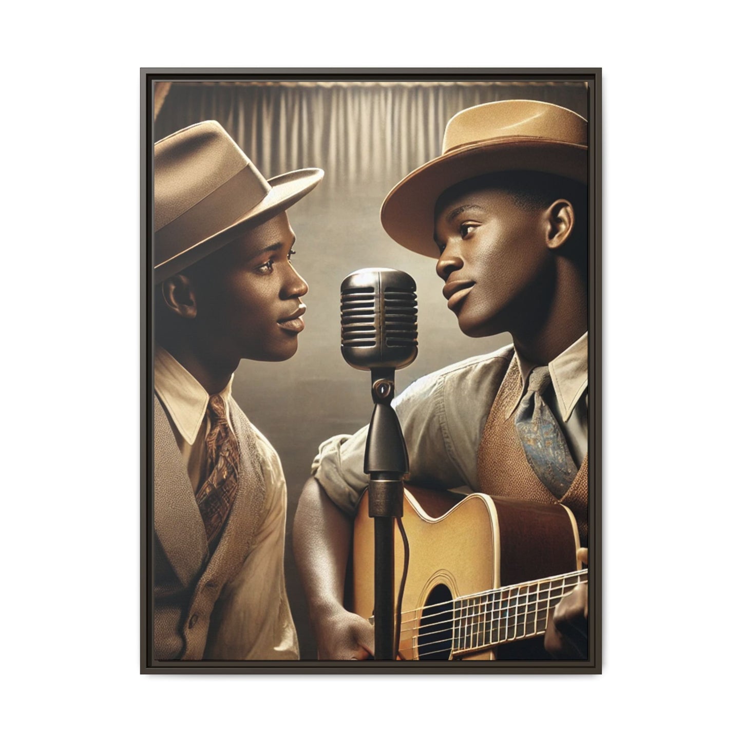 Artwork of an African-American gay couple recording a song in a 1930s-style studio. Dressed in vintage attire with fedoras and ties, they share a close, tender moment around a classic microphone, capturing love, music, and cultural heritage in a nostalgic setting